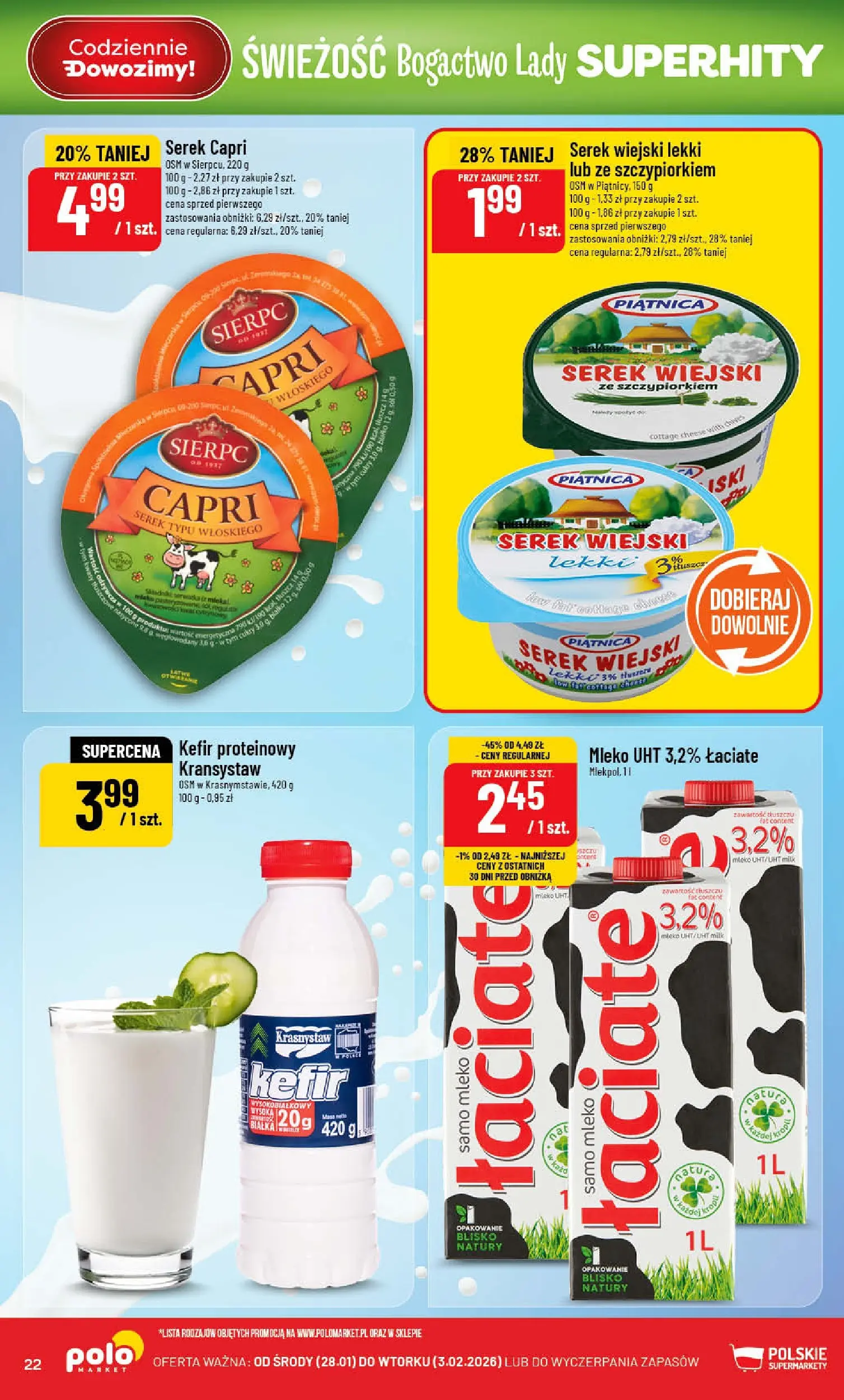 Nowa POLOmarket gazetka od jutra 28.01.2026 (PDF) | Strona: 22 | Produkty: Kefir, Serek wiejski, Mleko, Serek wiejski lekki