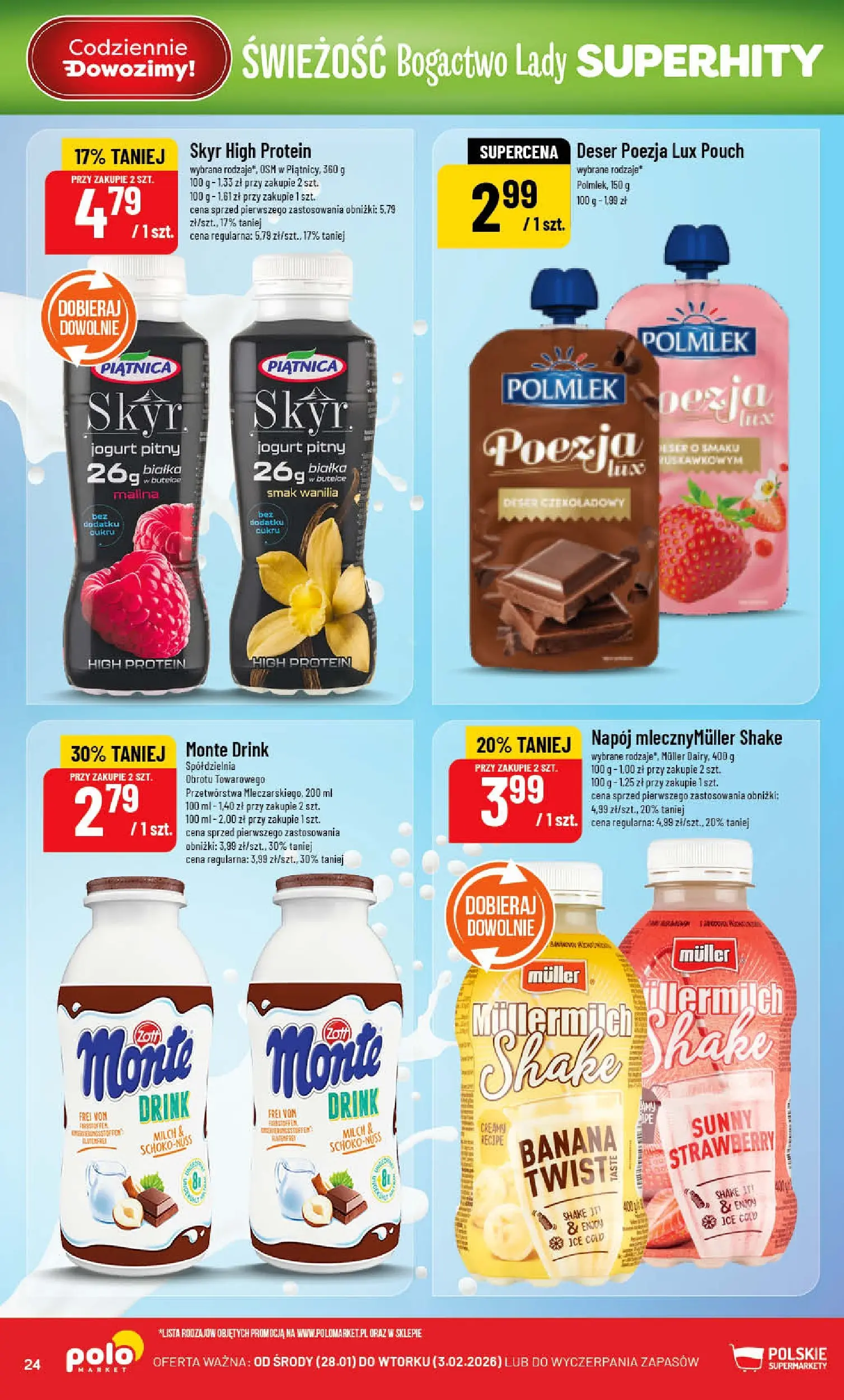 Nowa POLOmarket gazetka od jutra 28.01.2026 (PDF) | Strona: 24 | Produkty: Malina, Jogurt pitny, Jogurt, Skyr