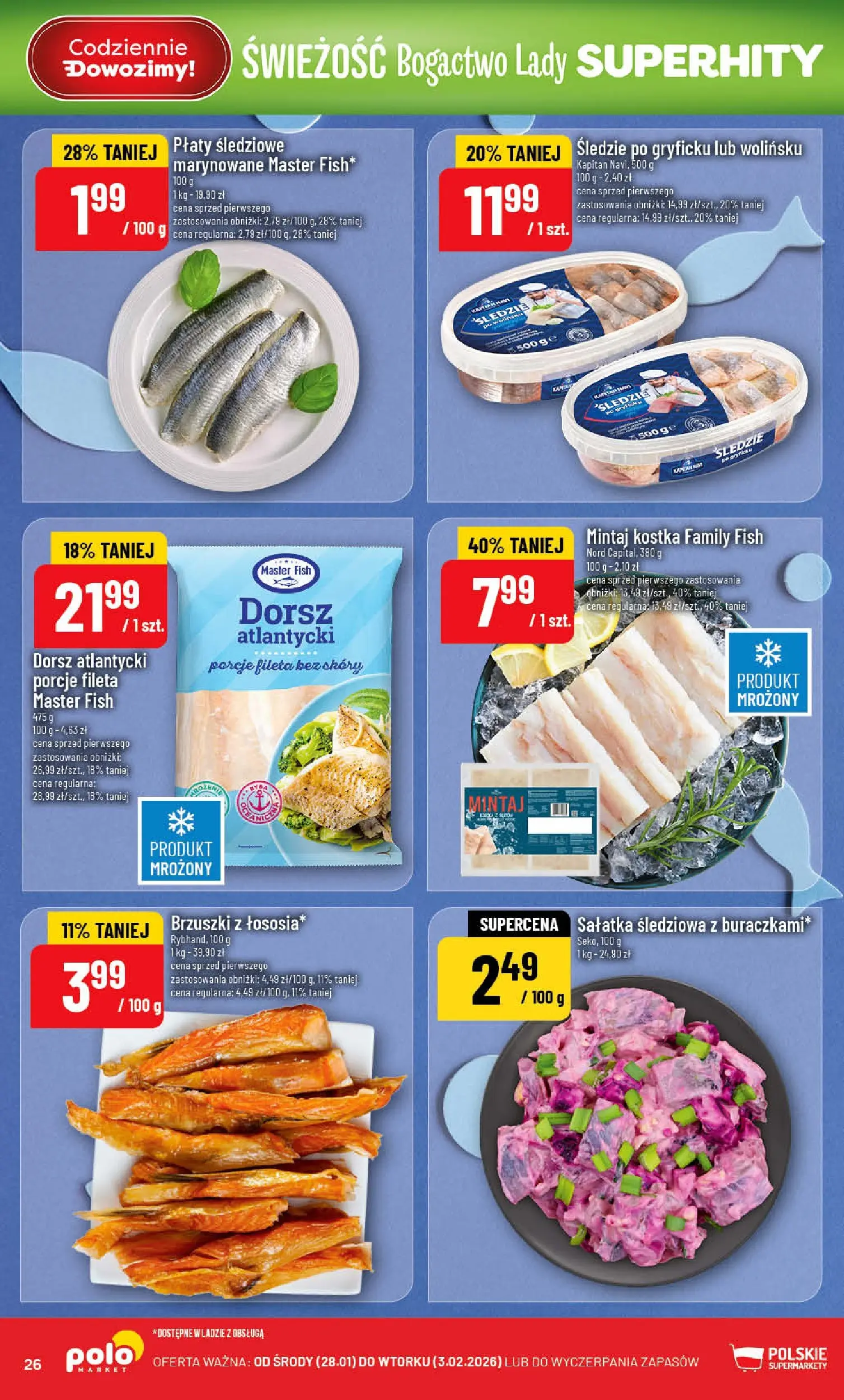 Nowa POLOmarket gazetka od jutra 28.01.2026 (PDF) | Strona: 26 | Produkty: Dorsz atlantycki, Dorsz, Mintaj, Sałatka