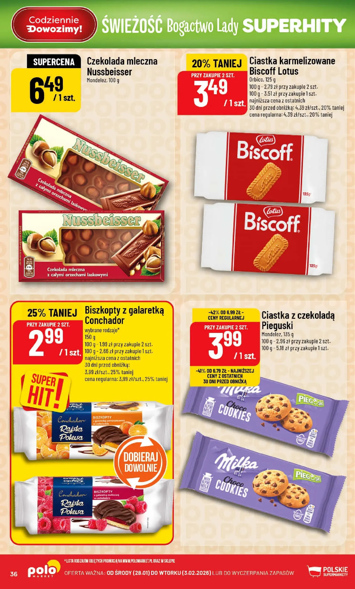 Nowa POLOmarket gazetka od jutra 28.01.2026 (PDF) | Strona: 36 | Produkty: Galaretka, Czekolada mleczna, Milka, Ciastka