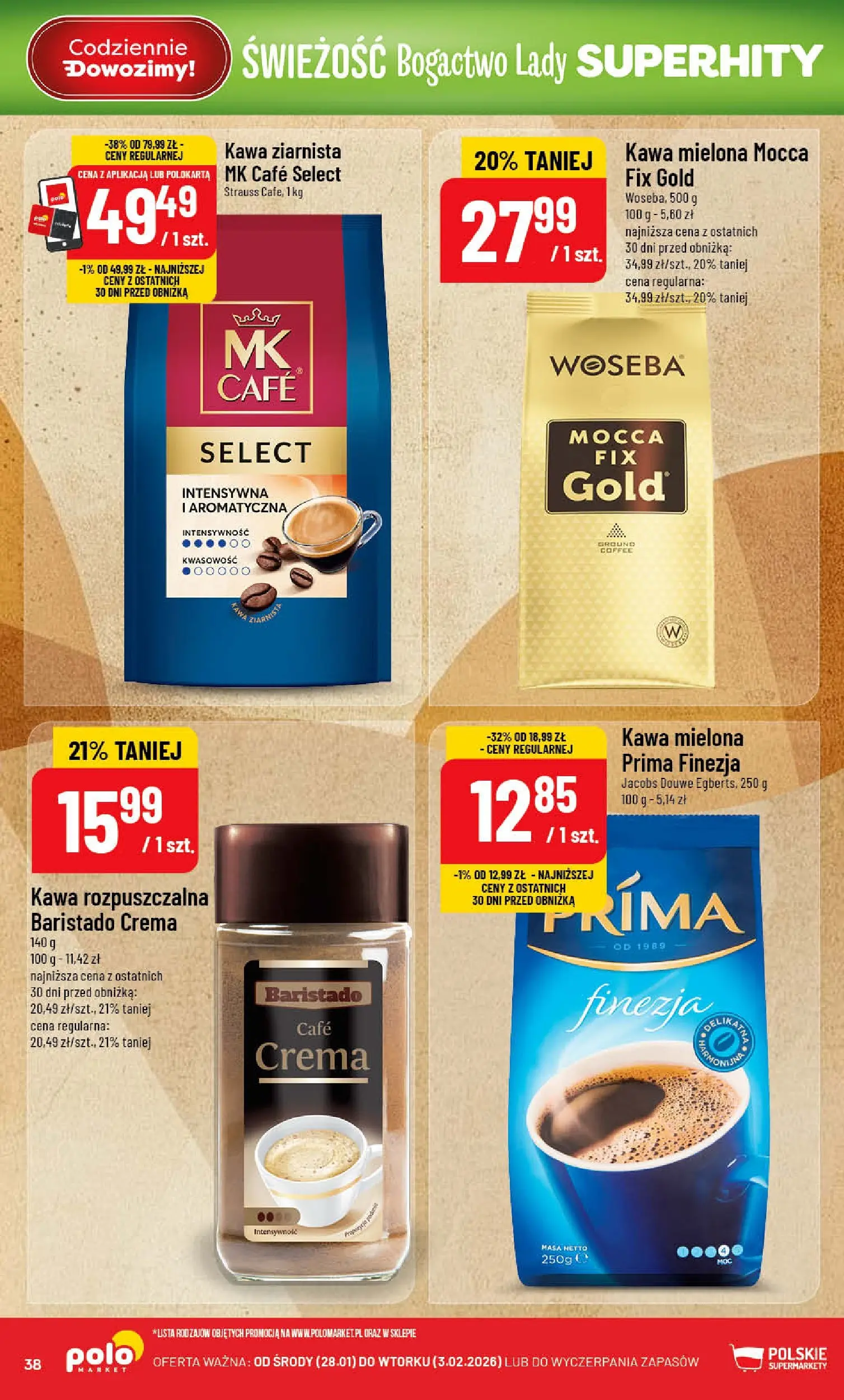 Nowa POLOmarket gazetka od jutra 28.01.2026 (PDF) | Strona: 38 | Produkty: Kawa ziarnista, Kawa rozpuszczalna, Kawa