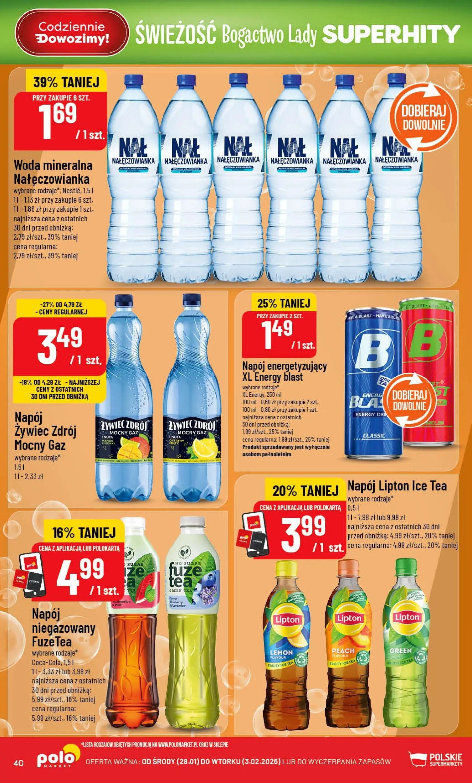 Nowa POLOmarket gazetka od jutra 28.01.2026 (PDF) | Strona: 40 | Produkty: Woda mineralna Nałęczowianka, Ice Tea, Woda