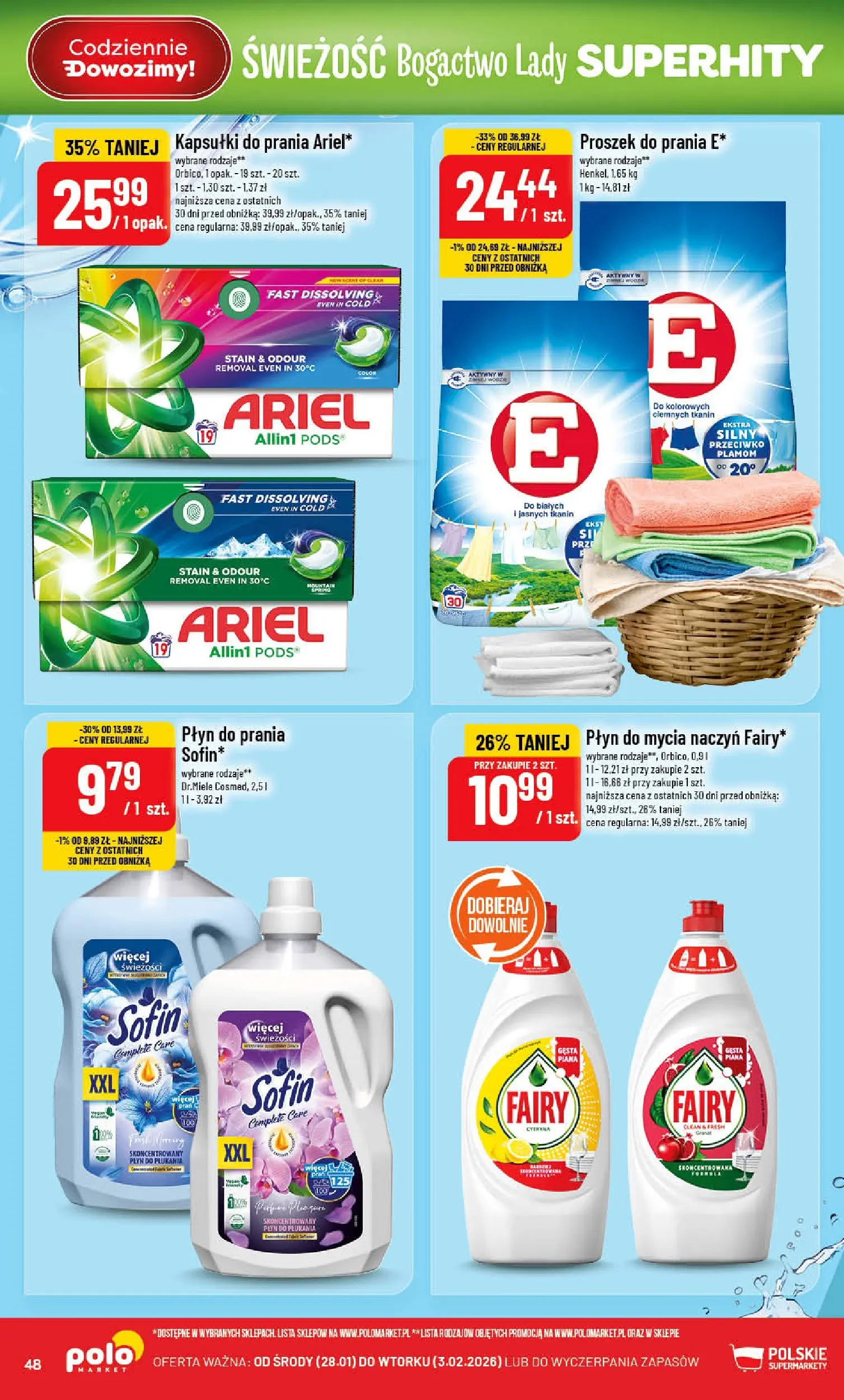 Nowa POLOmarket gazetka od jutra 28.01.2026 (PDF) | Strona: 48 | Produkty: Ariel, Kapsułki do prania, Fairy, Płyn do mycia naczyń