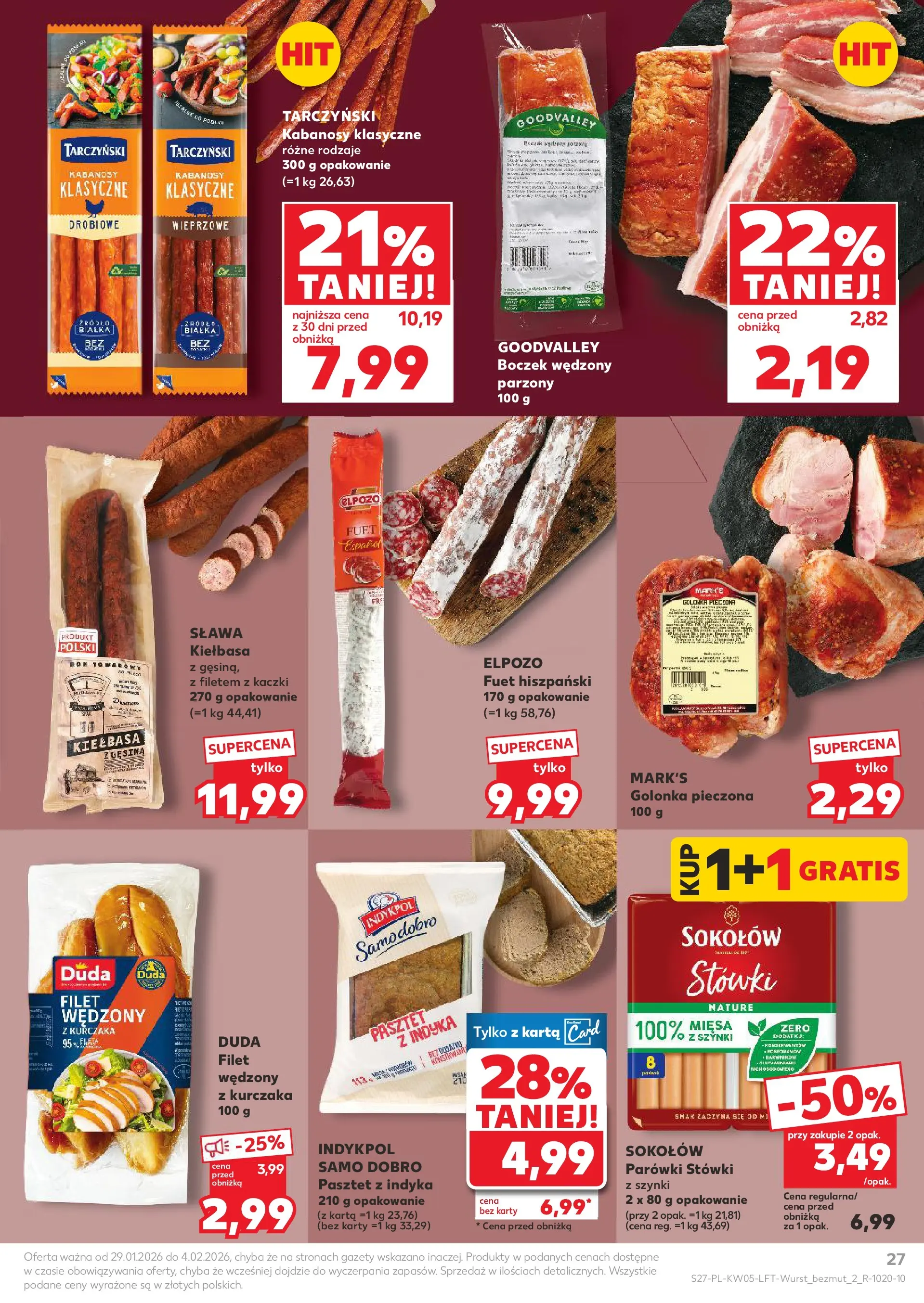 Kaufland gazetka od 29.01.2026 - od jutra PDF | Strona: 27 | Produkty: Karta, Kabanosy, Parówki, Boczek