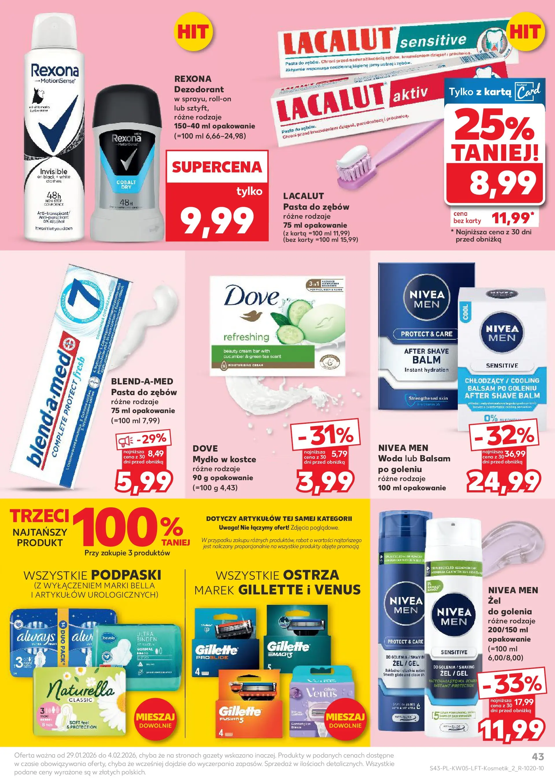 Kaufland gazetka od 29.01.2026 - od jutra PDF | Strona: 43 | Produkty: Karta, Gillette, Balsam po goleniu, Woda