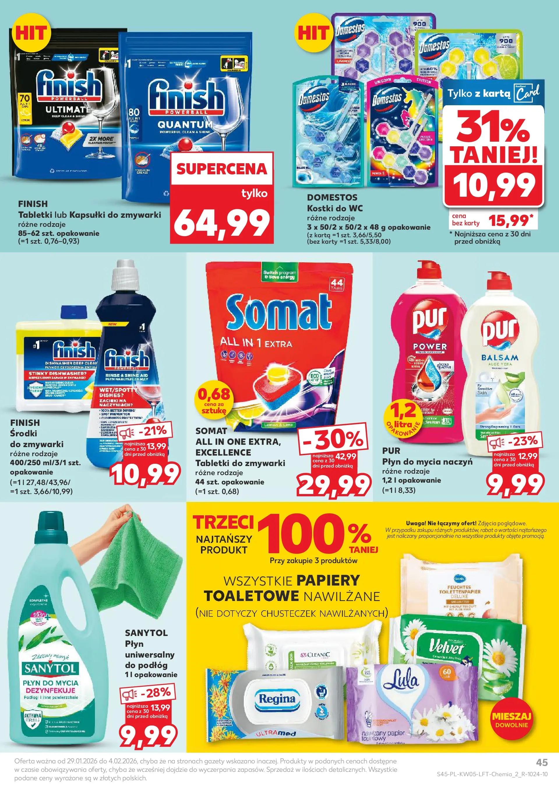 Kaufland gazetka od 29.01.2026 - od jutra PDF | Strona: 45 | Produkty: Kostki do wc, Domestos, Tabletki do zmywarki, Płyn do mycia naczyń