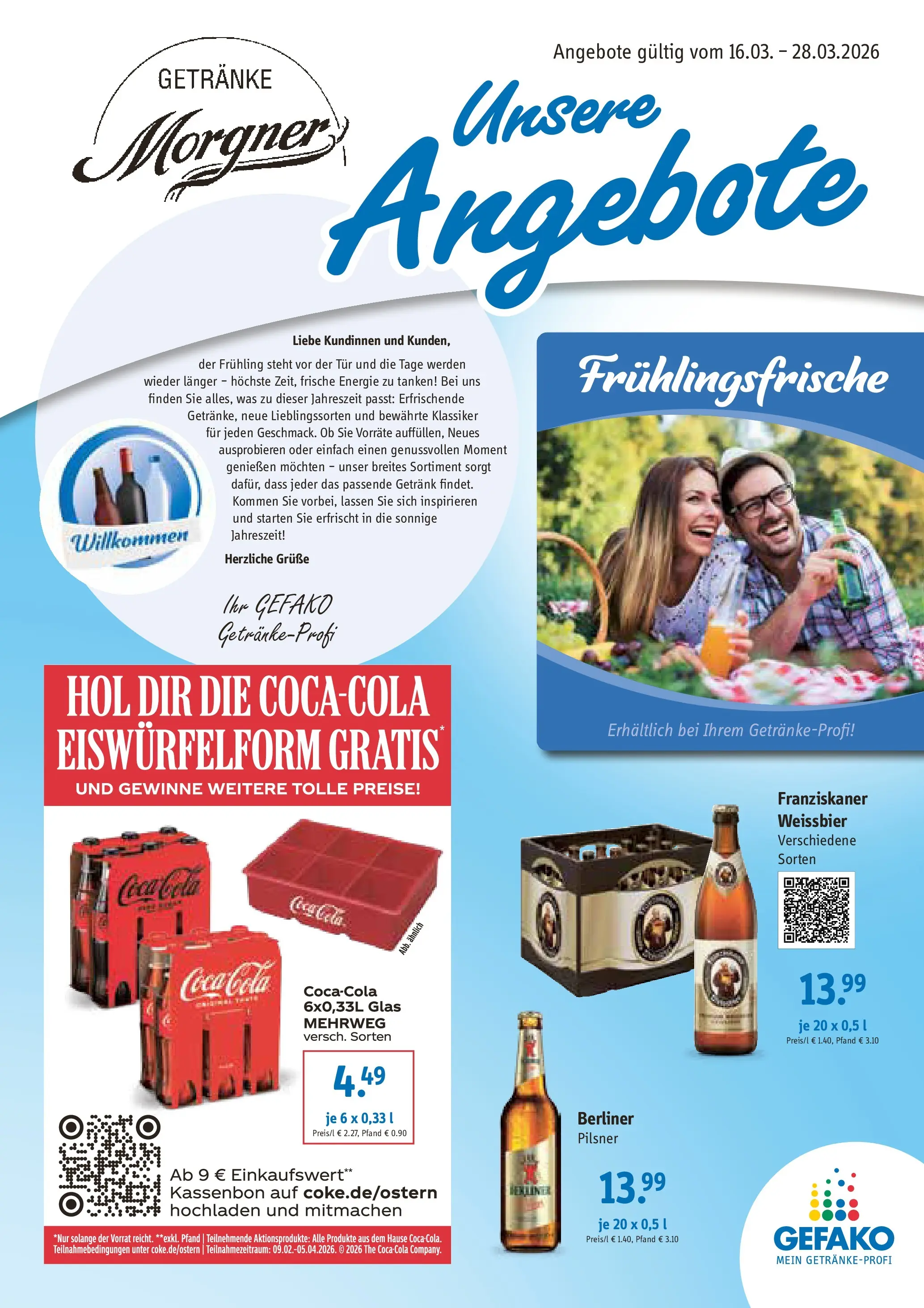 Angebote - Getränke Morgner: Angebote (ab 15.03.2026) zum Blättern | Seite: 1 | Produkte: Berliner, Cola, Weißbier, Tür