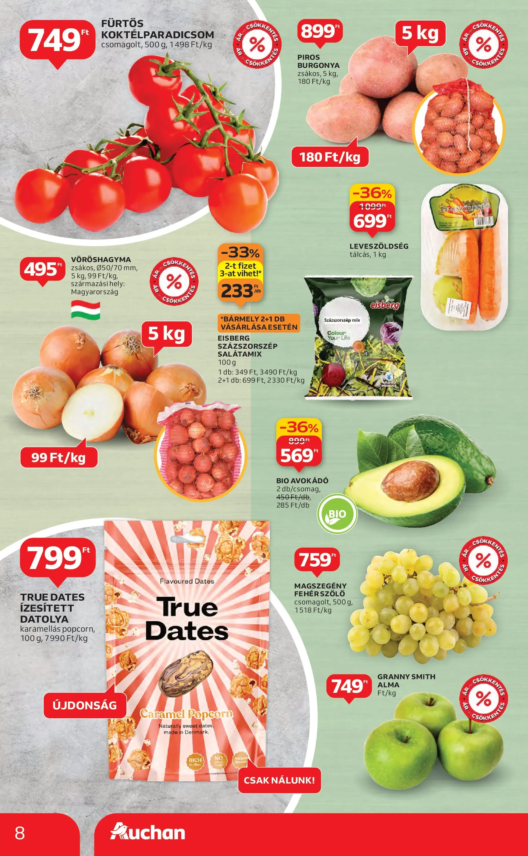 Auchan Akciós újság - 2026.01.29. -tól/töl > akció, lapozható szórólap 🛍️ | Oldal: 8 | Termékek: Vöröshagyma, Koktélparadicsom, Popcorn, Avokádó