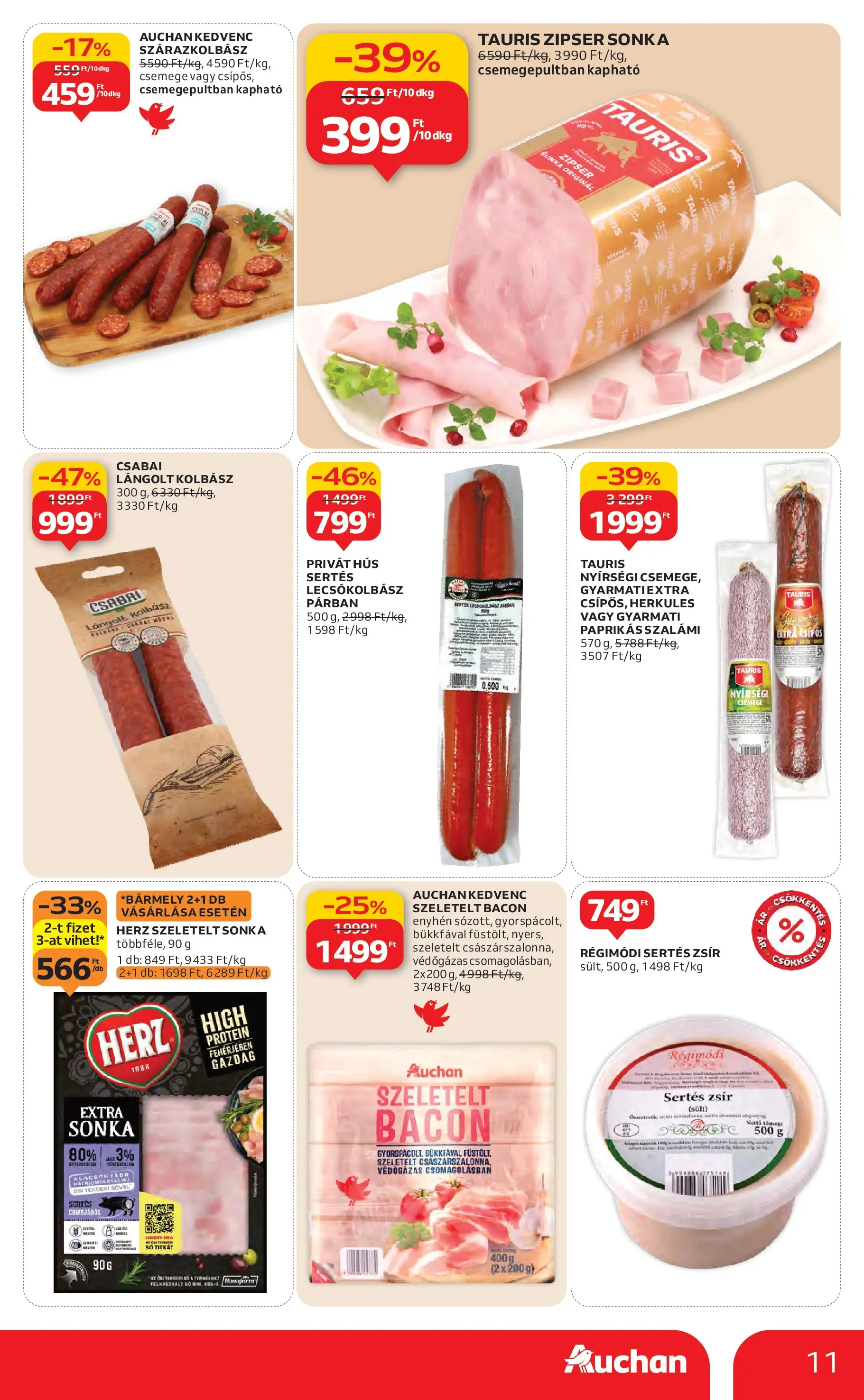 Auchan Akciós újság - 2026.01.29. -tól/töl > akció, lapozható szórólap 🛍️ | Oldal: 11 | Termékek: Hús, Szeletelt bacon, Sonka, Lángolt kolbász
