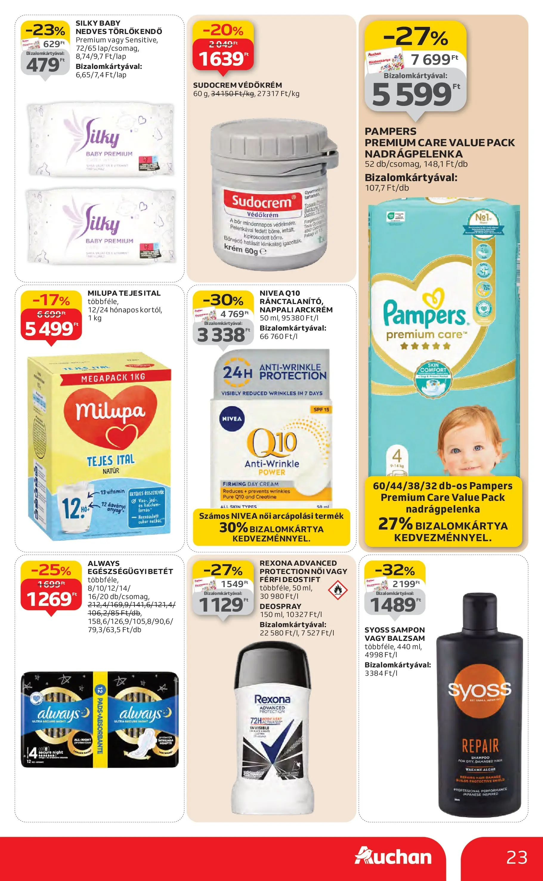 Auchan Akciós újság - 2026.01.29. -tól/töl > akció, lapozható szórólap 🛍️ | Oldal: 23 | Termékek: Arckrém, Nedves törlőkendő, Sampon, Bor