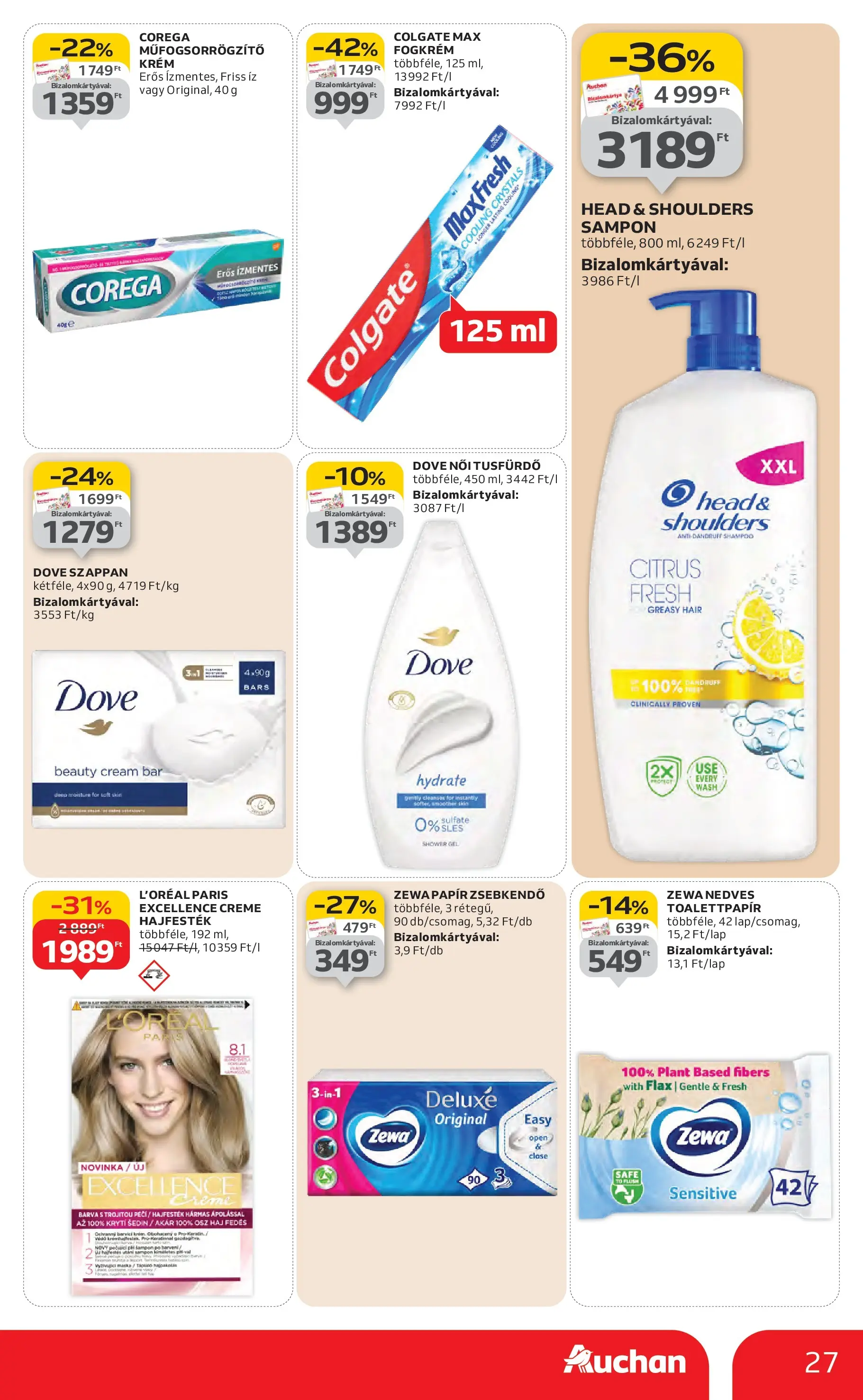 Auchan Akciós újság - 2026.01.29. -tól/töl > akció, lapozható szórólap 🛍️ | Oldal: 27 | Termékek: Sampon, Szappan, Tusfürdő, Fogkrém