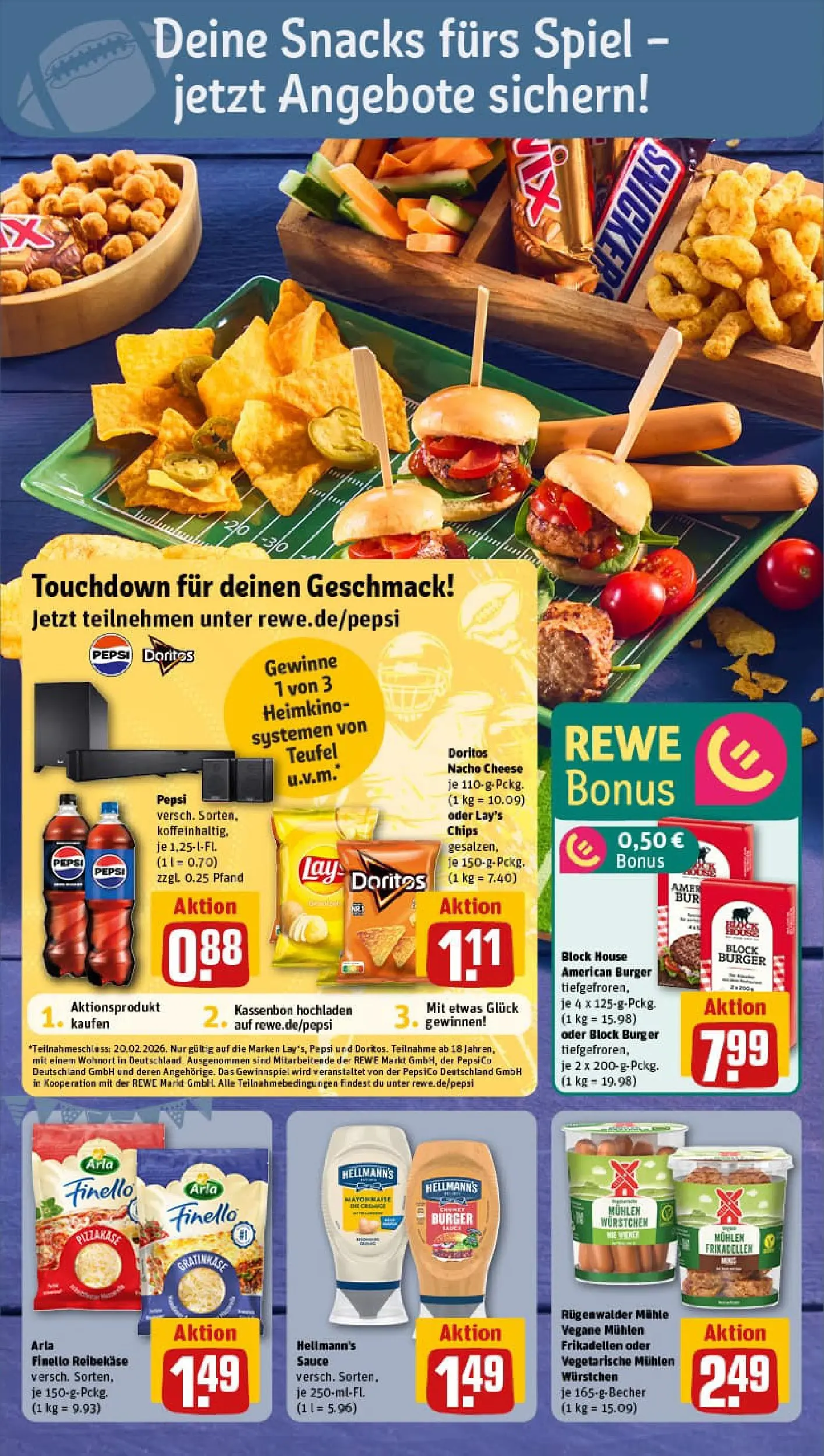 REWE Prospekt ab 02.02.2026 zum Blättern » Angebote | Seite: 6 | Produkte: Heimkino, Pepsi, Reibekase, Chips