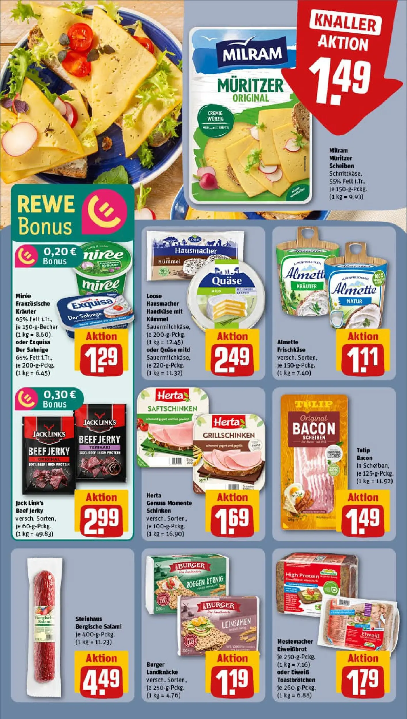 REWE Prospekt ab 02.02.2026 zum Blättern » Angebote | Seite: 14 | Produkte: Burger, Exquisa, Milram, Salami