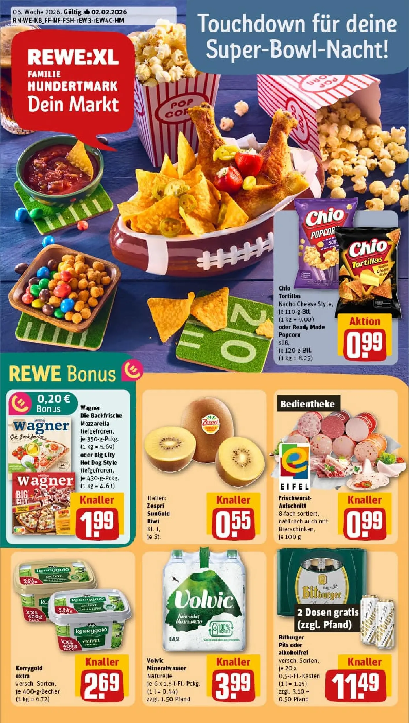 REWE Prospekt ab 02.02.2026 zum Blättern » Angebote | Seite: 1 | Produkte: Butter, Chio tortillas, Pizza, Volvic