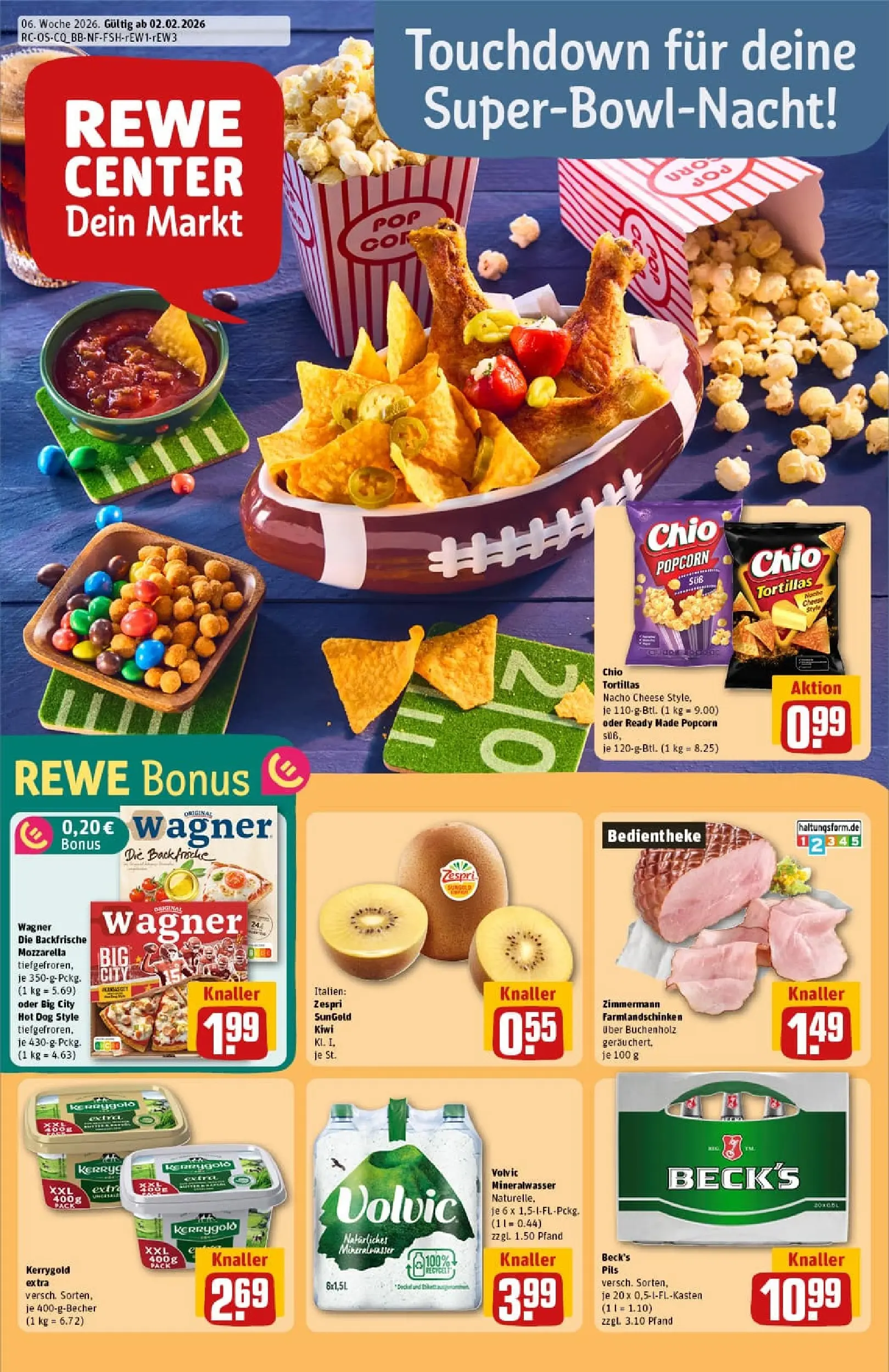 REWE Prospekt ab 02.02.2026 zum Blättern » Angebote | Seite: 1 | Produkte: Mineralwasser, Chio tortillas, Chips, Kiwi