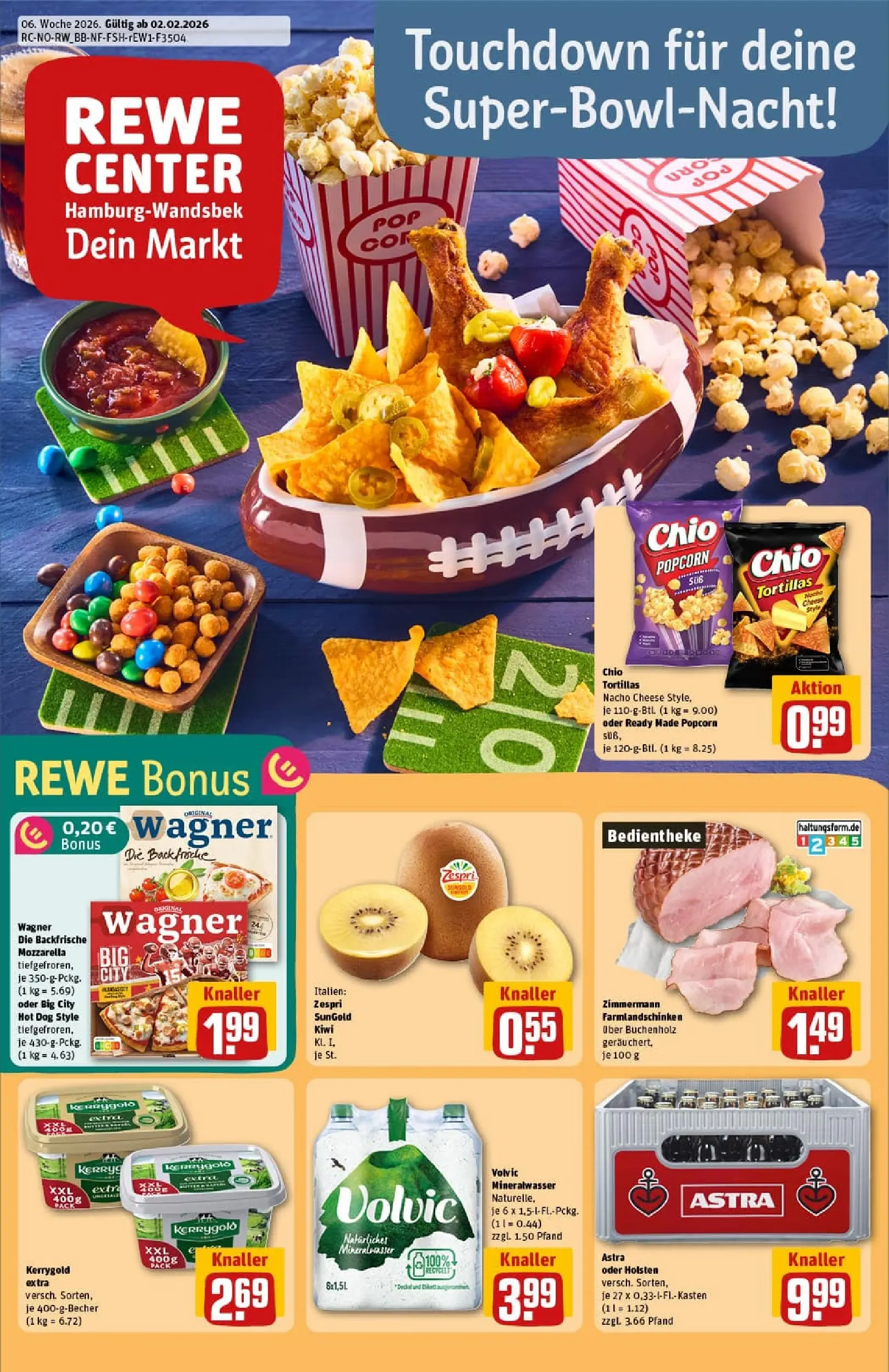 REWE Prospekt ab 02.02.2026 zum Blättern » Angebote | Seite: 1 | Produkte: Mineralwasser, Chio tortillas, Pizza, Kiwi