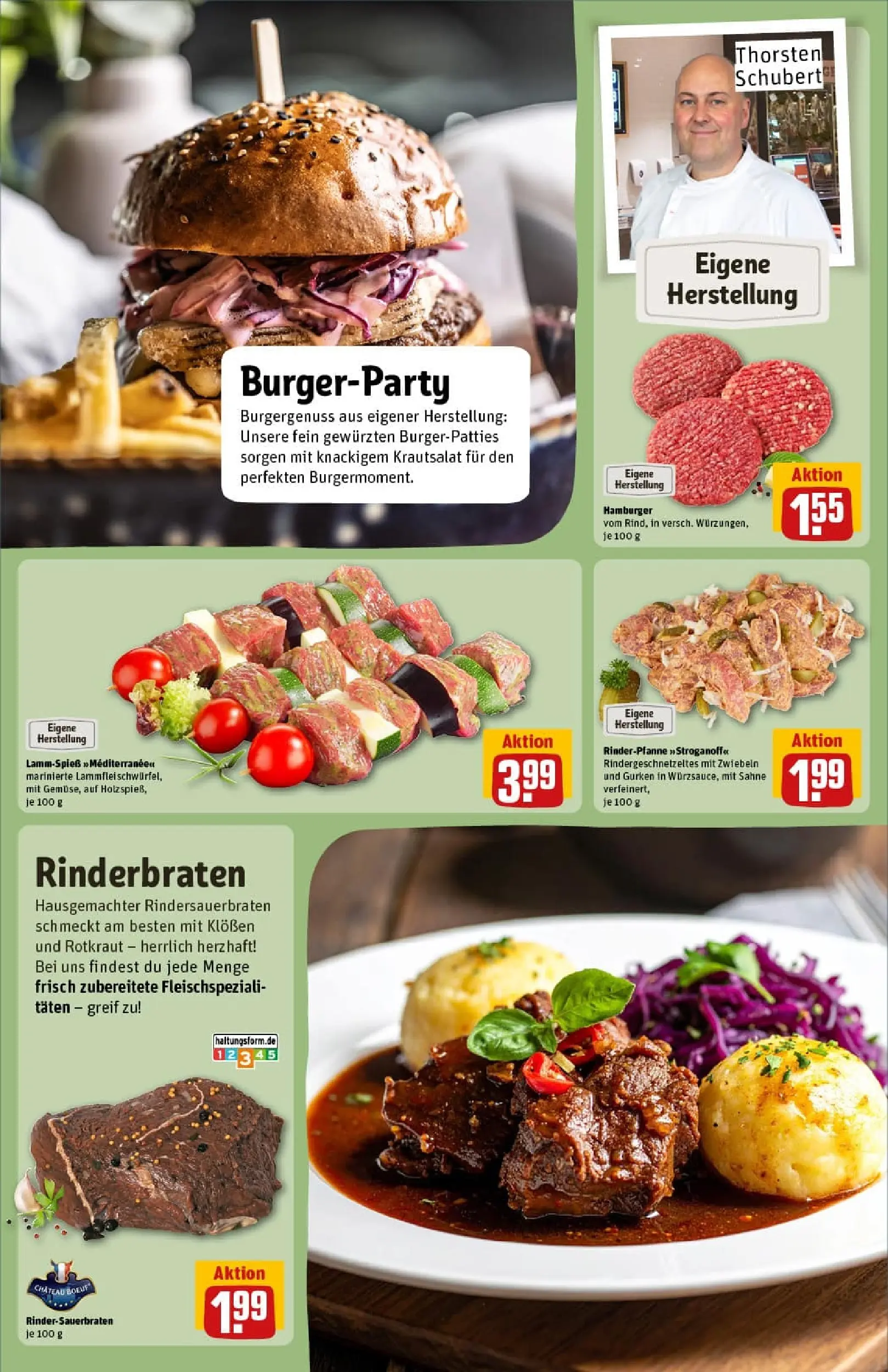 REWE Prospekt ab 02.02.2026 zum Blättern » Angebote | Seite: 14 | Produkte: Rinderbraten, Burger, Sahne, Gurken