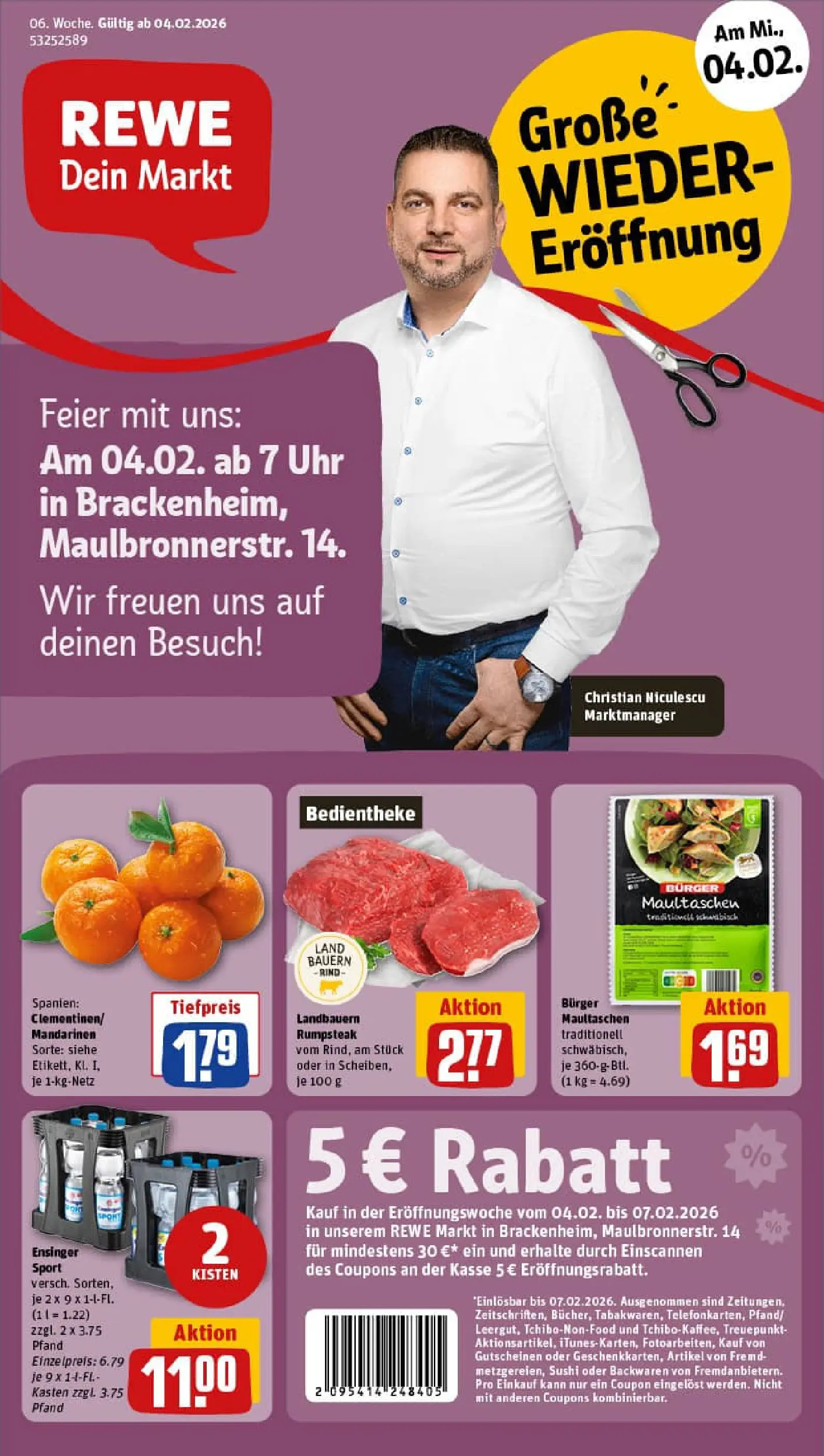 REWE Prospekt ab 02.02.2026 zum Blättern » Angebote | Seite: 1 | Produkte: Rumpsteak, Burger, Mandarinen, Maultaschen