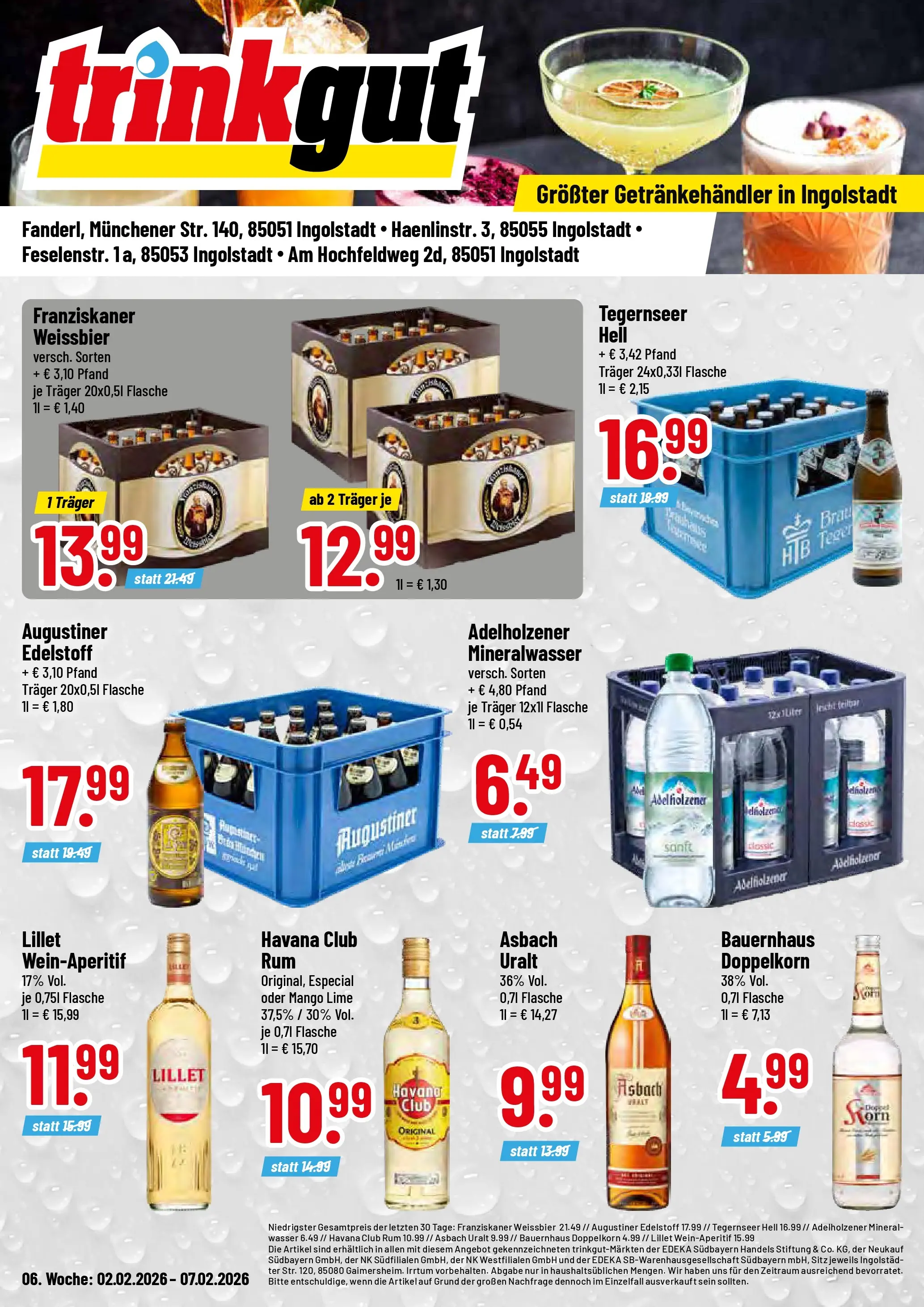 Trinkgut - trinkgut: Wochenangebote (ab 02.02.2026) » Angebote online | Seite: 1 | Produkte: Franziskaner, Rum, Adelholzener, Mineralwasser