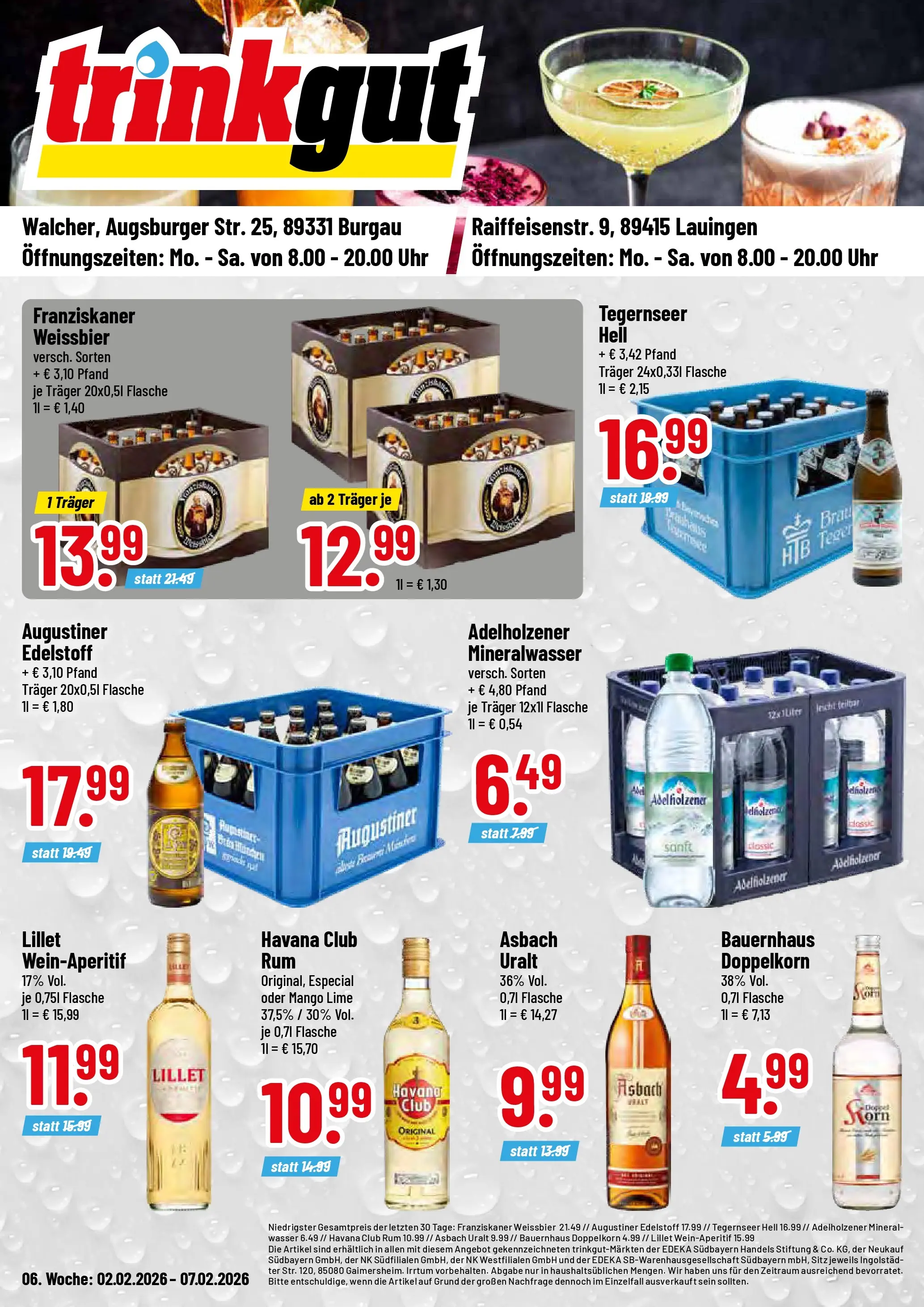Trinkgut - trinkgut: Wochenangebote (ab 02.02.2026) » Angebote online | Seite: 1 | Produkte: Weißbier, Adelholzener, Lillet, Asbach