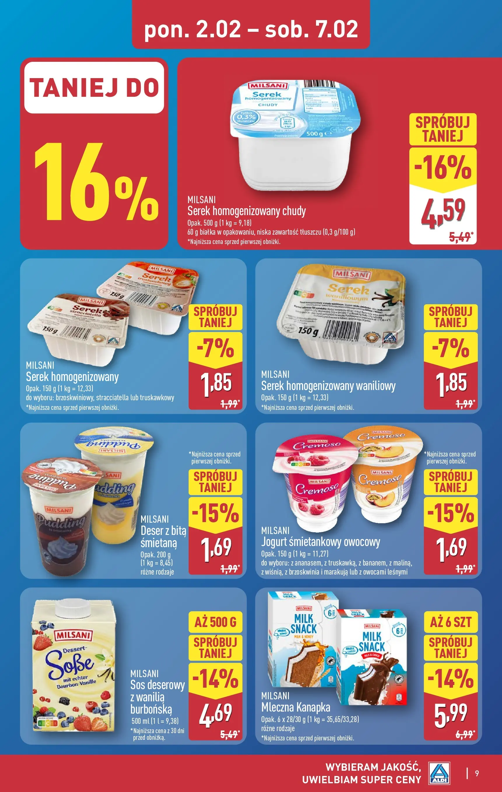 Aldi - Wybieram ALDI, bo jest tanio! od 01.02.2026 - Ulotka PDF, promocje | Strona: 9 | Produkty: Serek homogenizowany waniliowy, Serek homogenizowany, Bourbon, Śmietana
