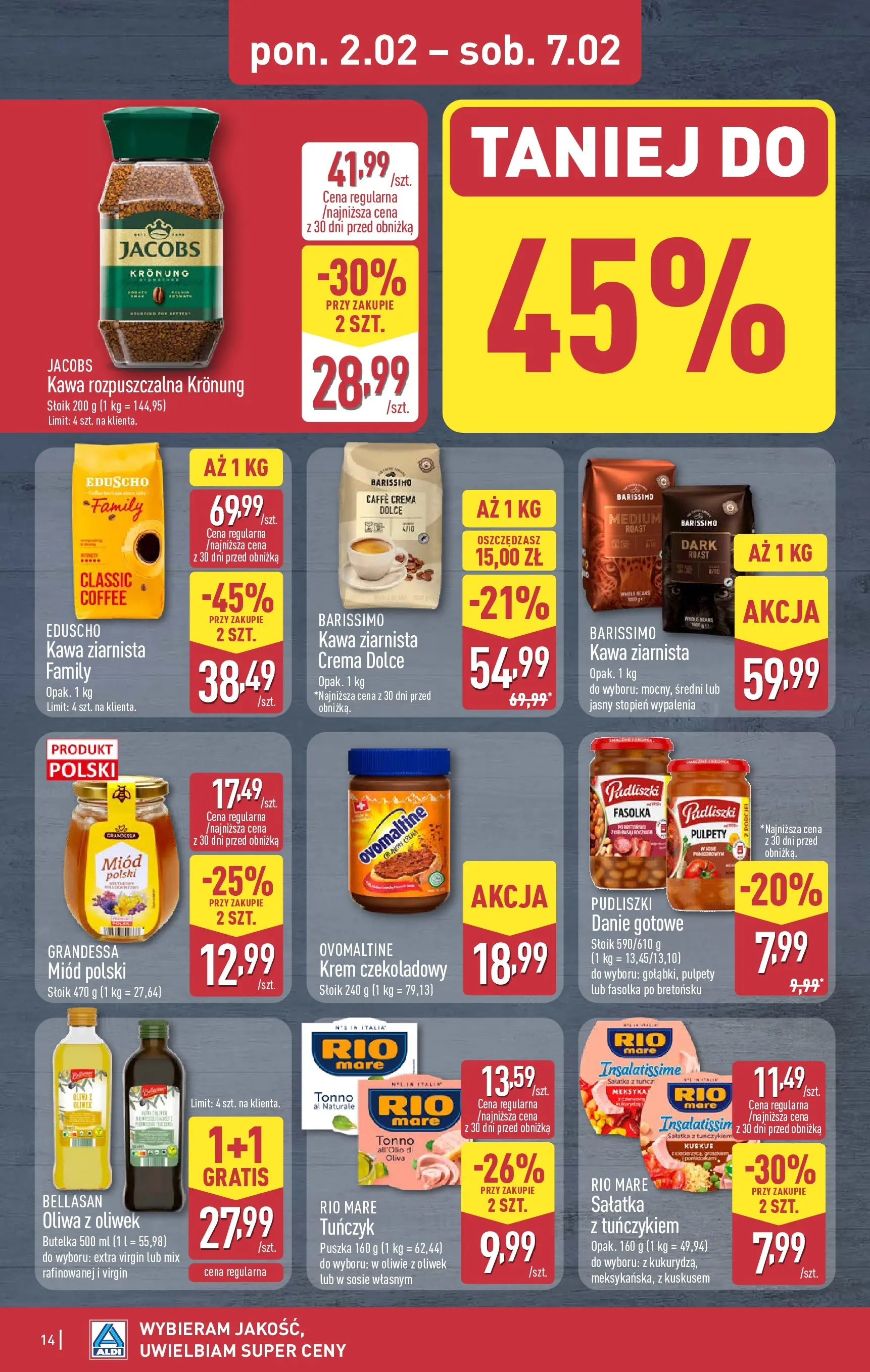 Aldi - Wybieram ALDI, bo jest tanio! od 01.02.2026 - Ulotka PDF, promocje | Strona: 14 | Produkty: Krem czekoladowy, Oliwa z oliwek, Kawa rozpuszczalna, Krem