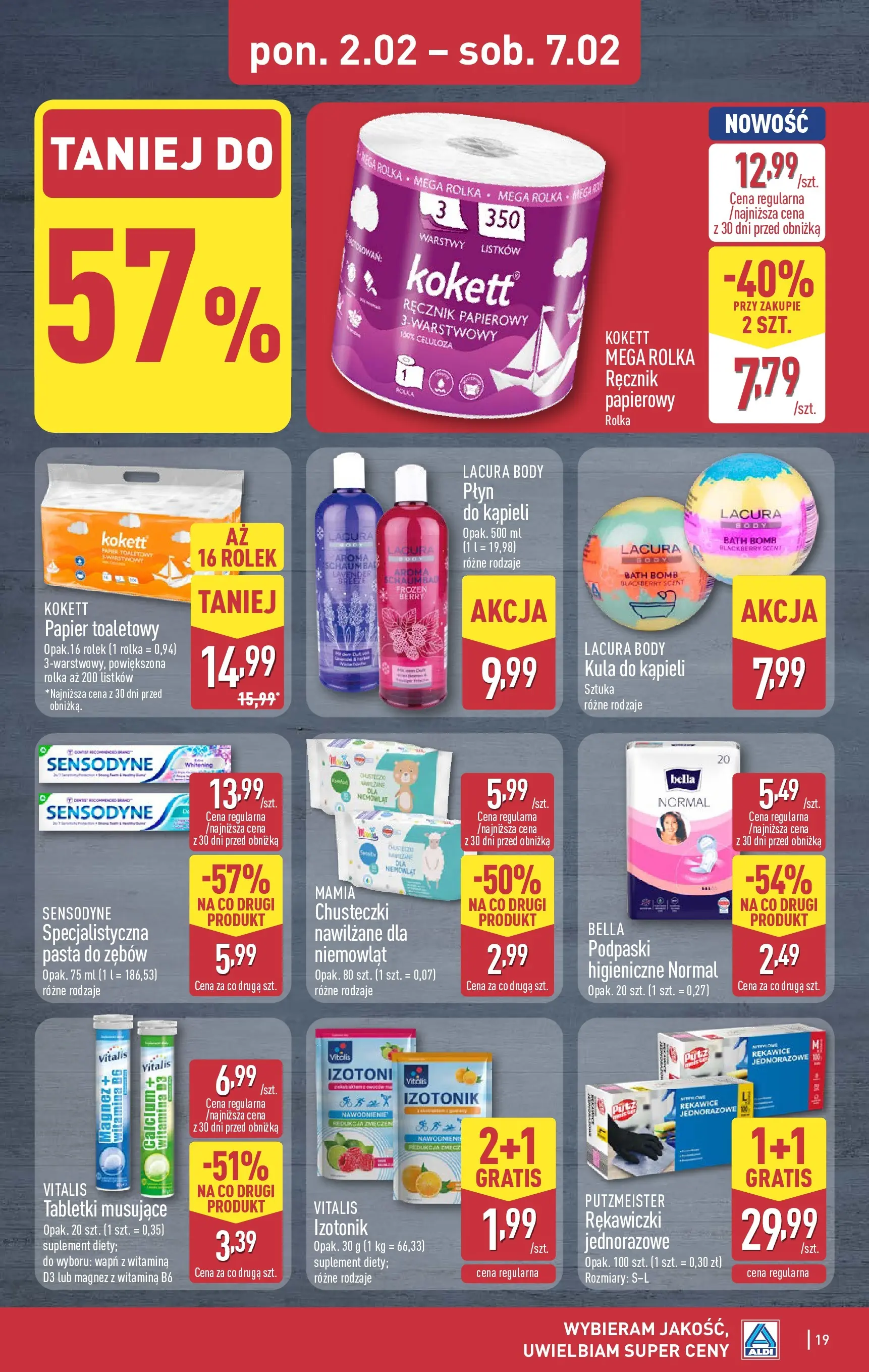 Aldi - Wybieram ALDI, bo jest tanio! od 01.02.2026 - Ulotka PDF, promocje | Strona: 19 | Produkty: Kula do kąpieli, Body, Pasta do zębów, Ręcznik papierowy