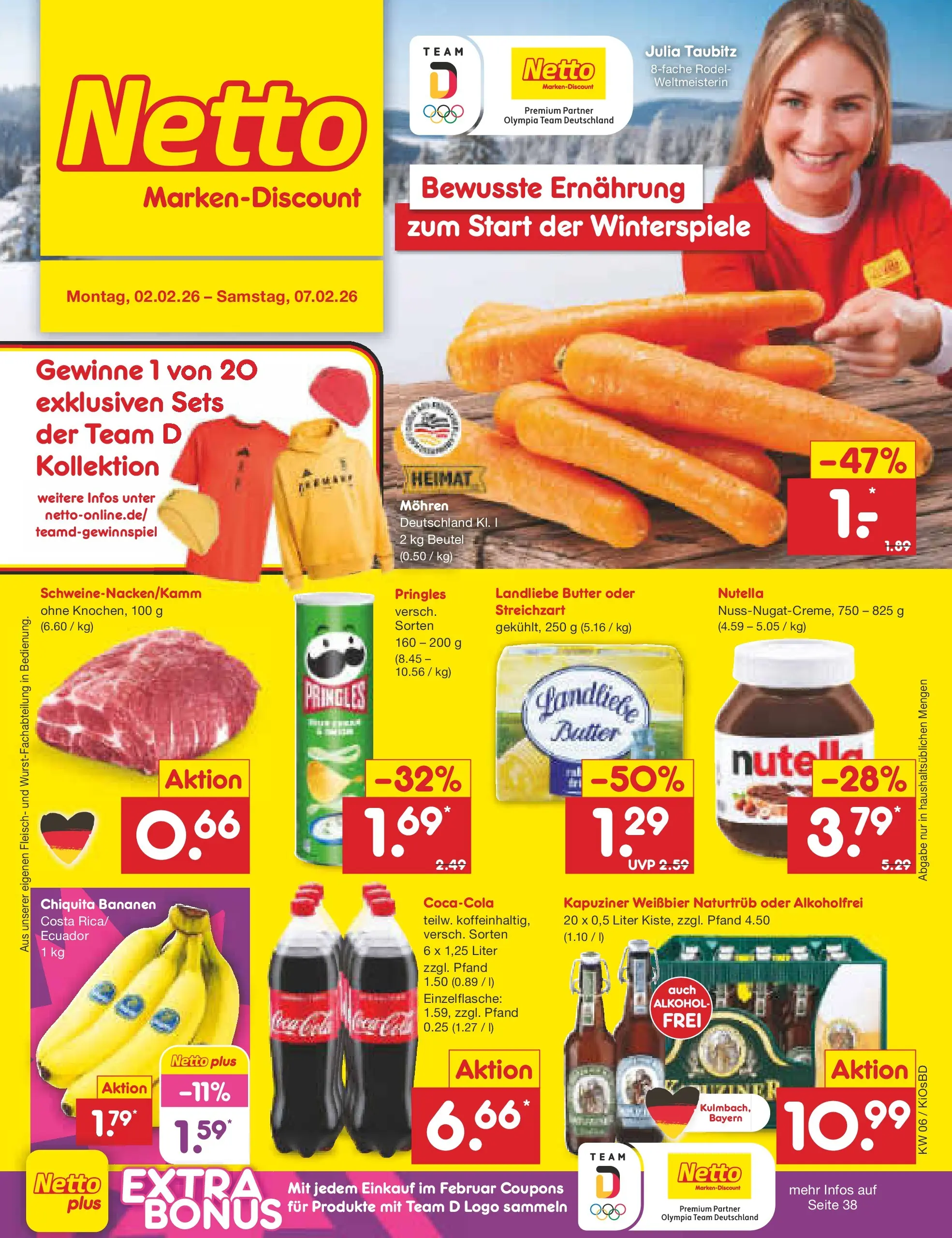 Netto Marken-Discount prospekt Mistelbach	 (ab 01.02.2026) » Angebote | Seite: 1 | Produkte: Weißbier, Bananen, Mohren, Pringles