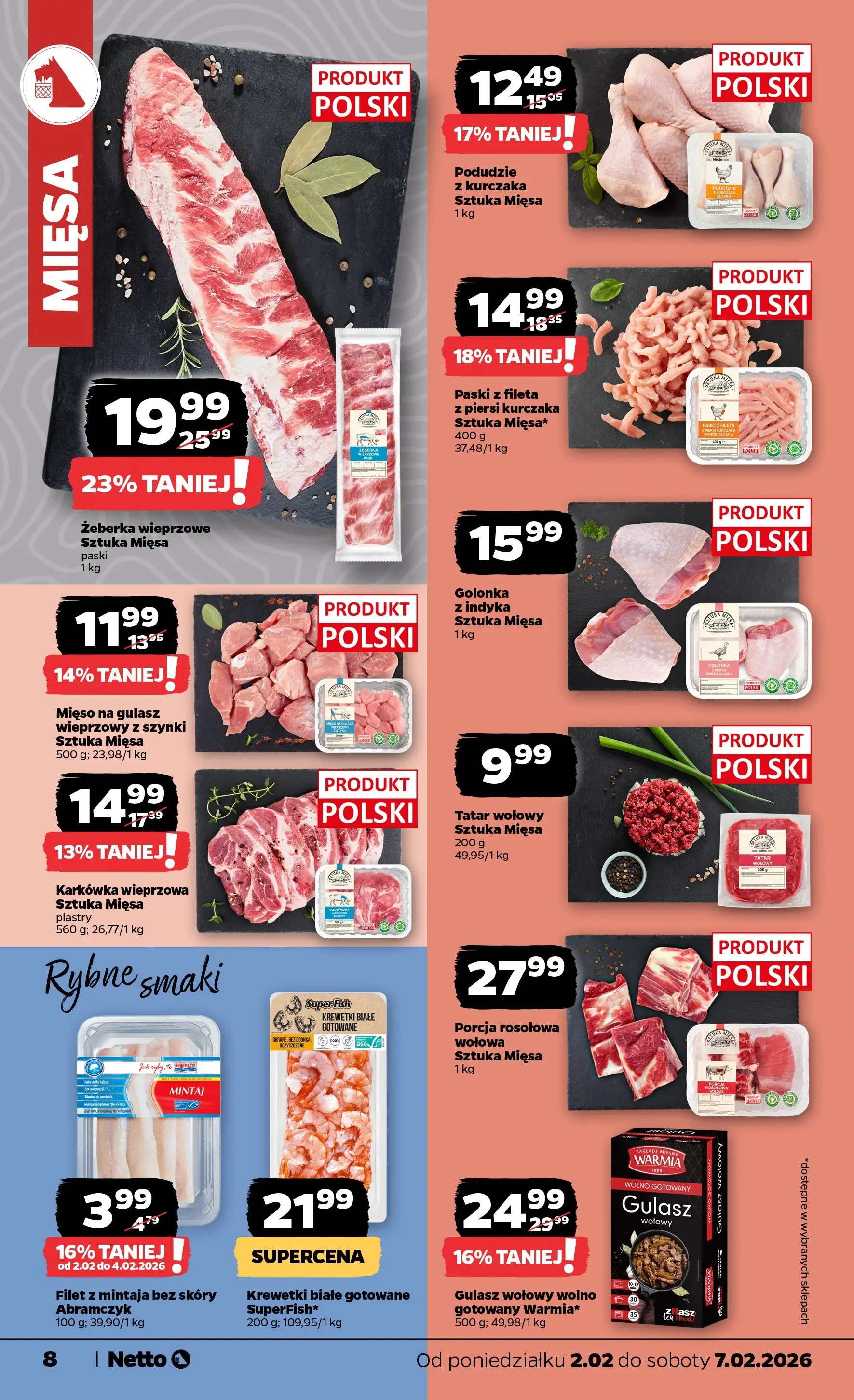 Netto - NETTO T06A ważne do 7.02.2026 od 01.02.2026 - Aktualne promocje | Strona: 8 | Produkty: Krewetki, Krewetki białe, Mięso na gulasz, Tatar