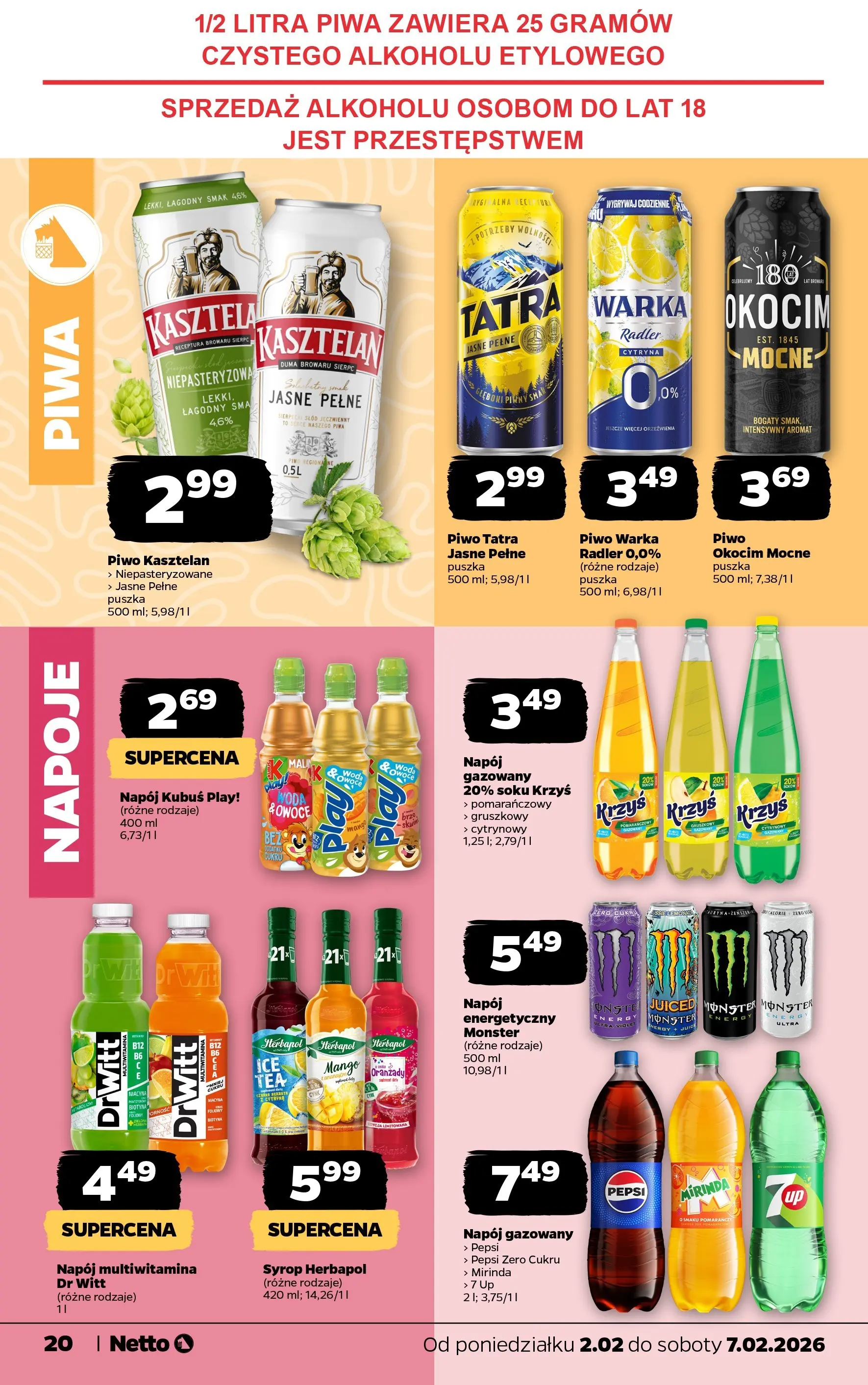 Netto - NETTO T06A ważne do 7.02.2026 od 01.02.2026 - Aktualne promocje | Strona: 20 | Produkty: Cytryna, Napoje, Piwo Warka, Piwo