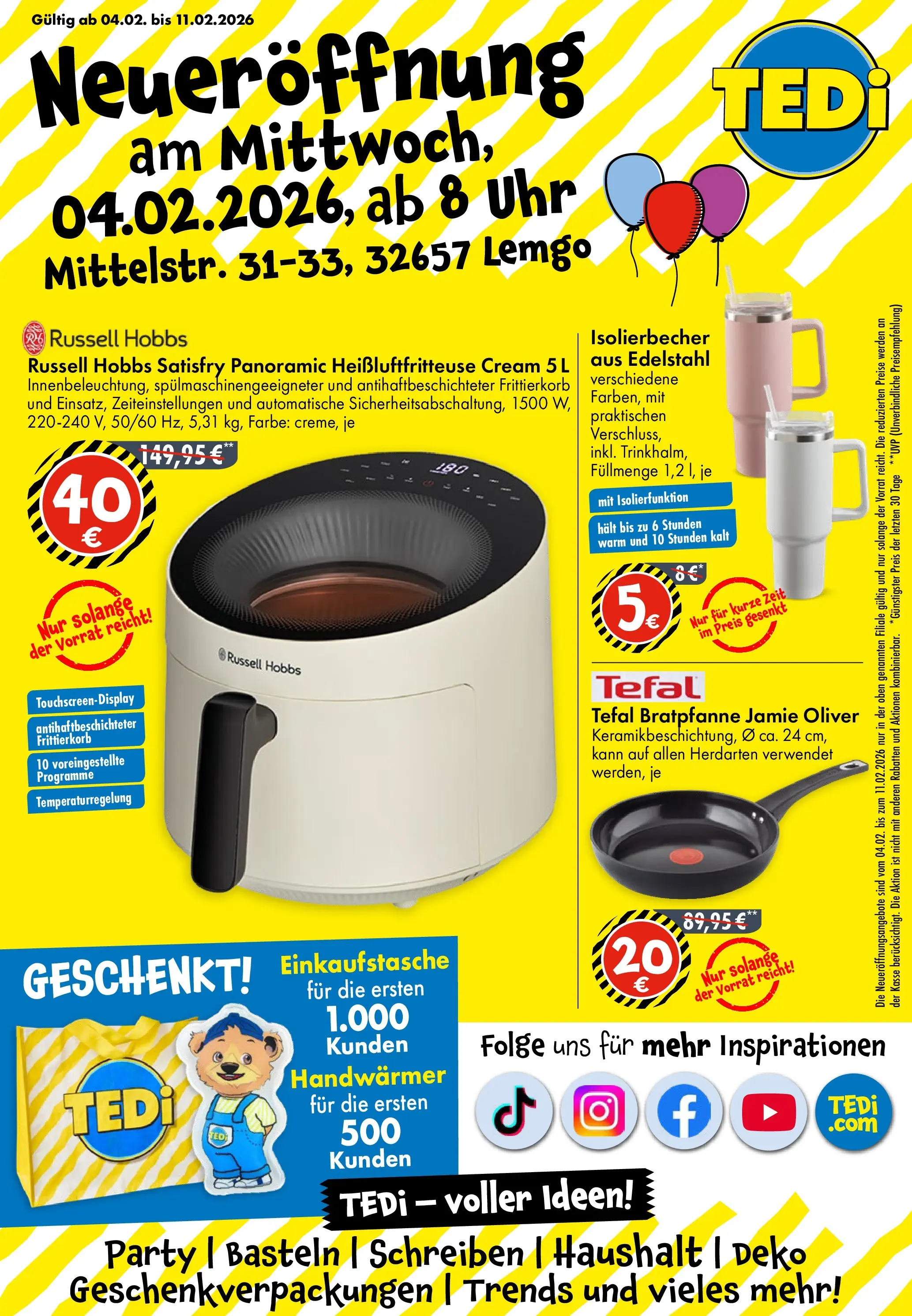 TEDi - TEDi Neueröffnung Lemgo (ab 30.01.2026) zum Blättern | Seite: 1 | Produkte: Heißluftfritteuse, Uhr