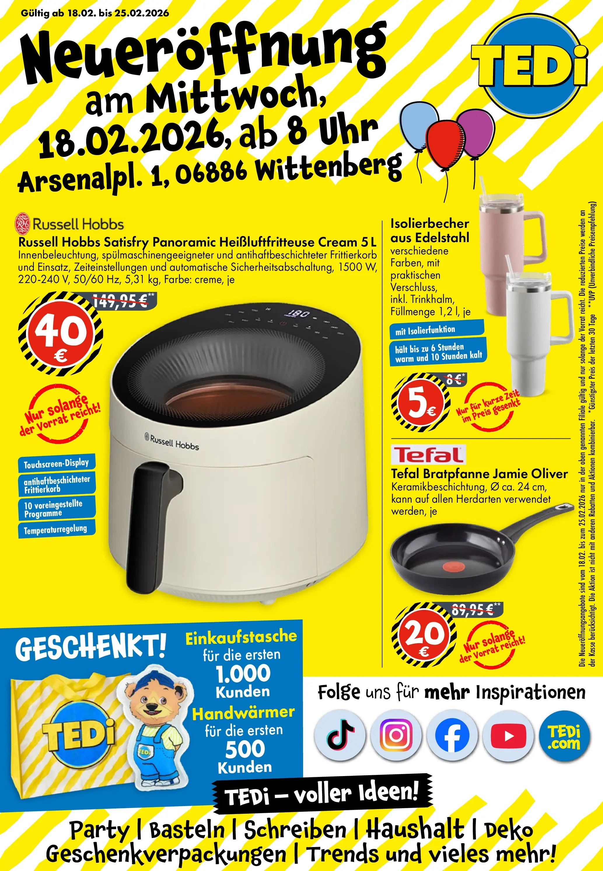TEDi  Prospekt Neueröffnung Wittenberg (ab 18.02.2026) zum Blättern | Seite: 1 | Produkte: Heißluftfritteuse, Uhr