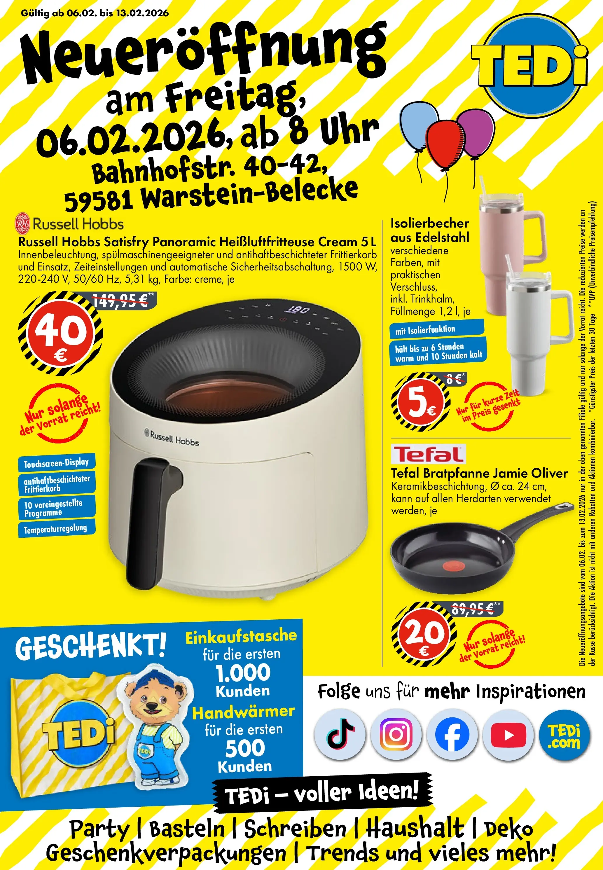 TEDi - TEDi Neueröffnung Warstein-Belecke (ab 06.02.2026) zum Blättern | Seite: 1 | Produkte: Heißluftfritteuse, Uhr