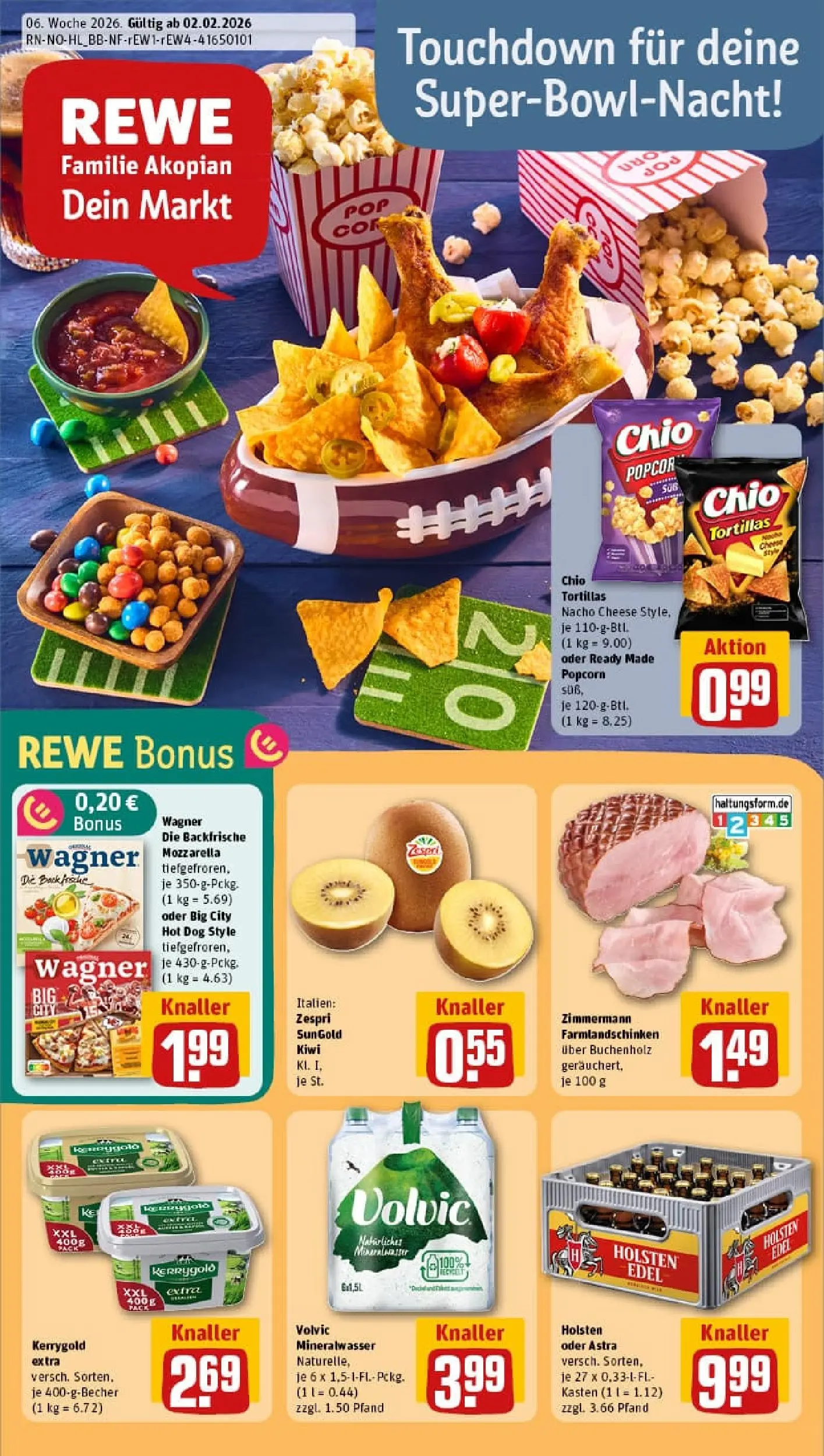 REWE Prospekt ab 02.02.2026 zum Blättern » Angebote | Seite: 1 | Produkte: Mozzarella, Chio tortillas, Volvic, Kiwi