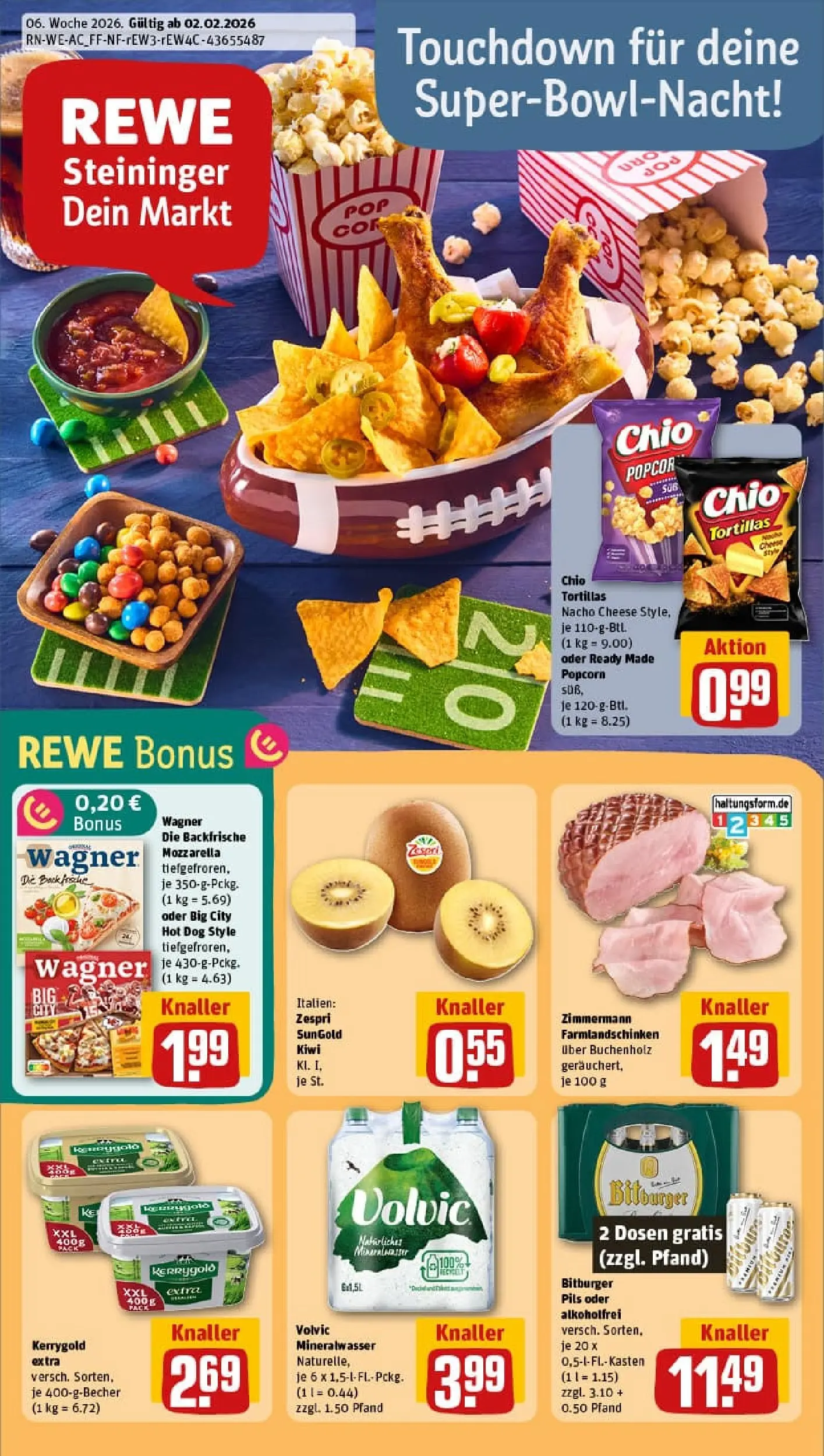 REWE Prospekt ab 02.02.2026 zum Blättern » Angebote | Seite: 1 | Produkte: Butter, Pizza, Volvic, Kiwi