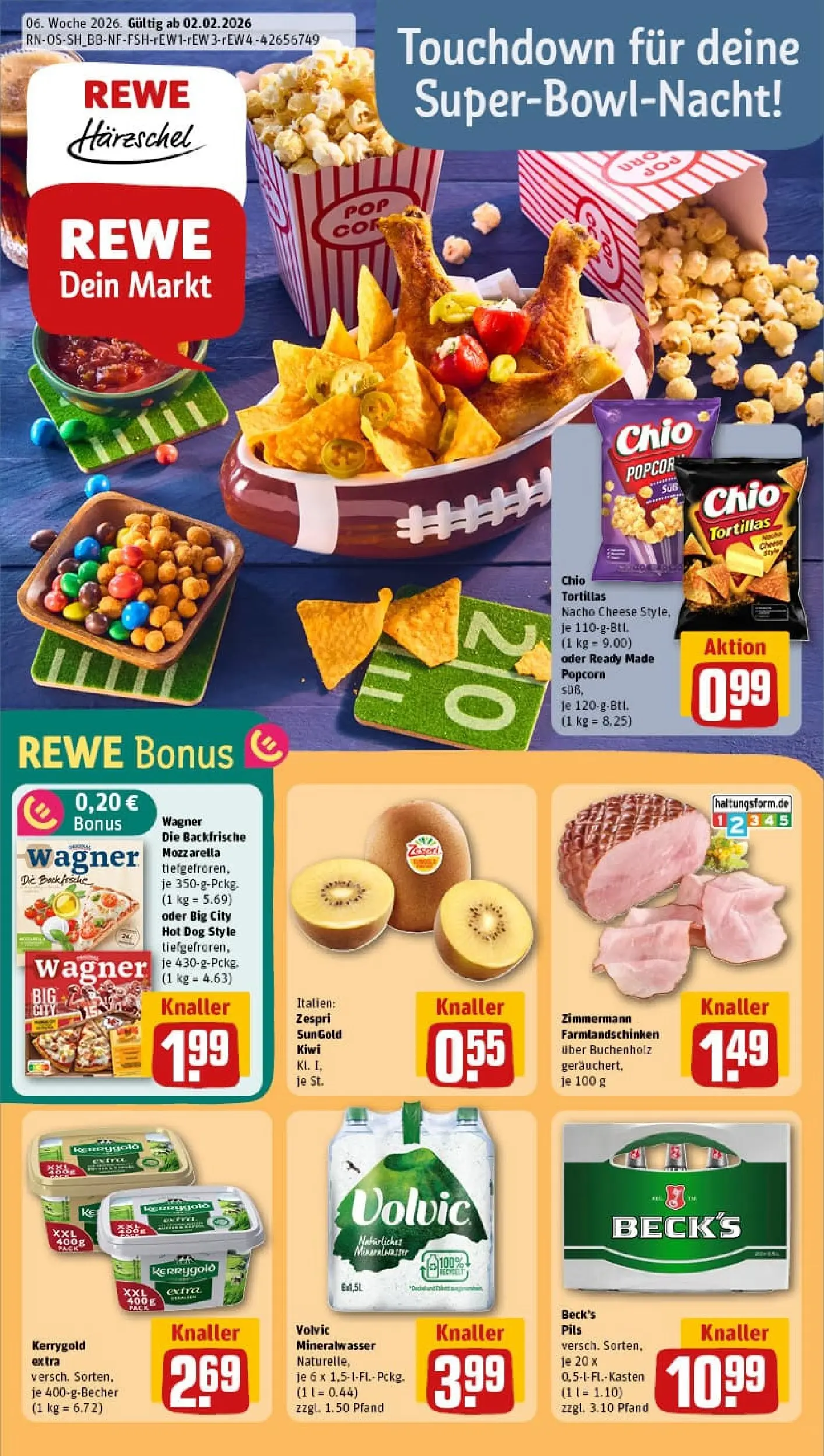 REWE Prospekt ab 02.02.2026 zum Blättern » Angebote | Seite: 1 | Produkte: Mineralwasser, Chio tortillas, Pizza, Volvic