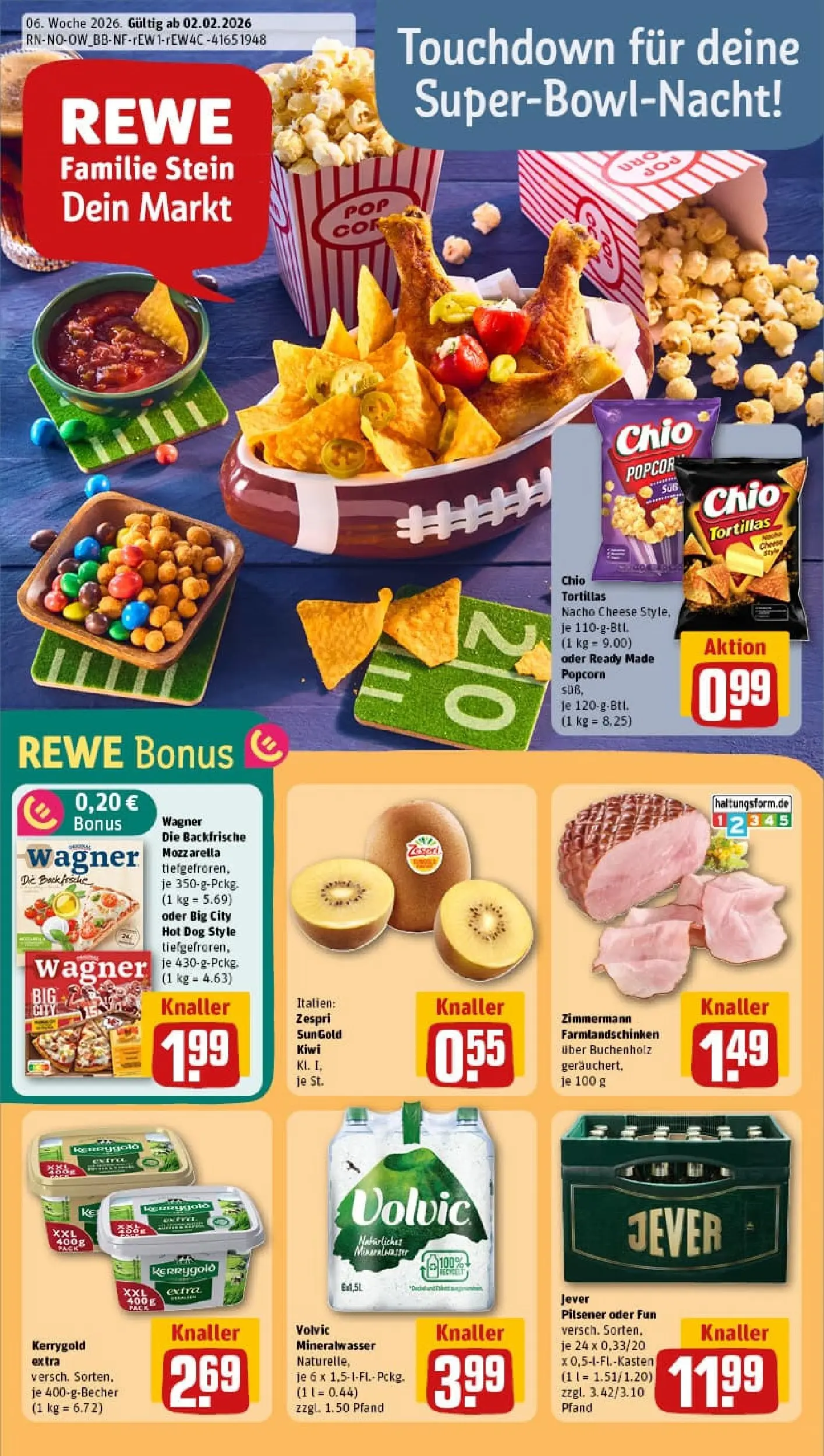 REWE Prospekt ab 02.02.2026 zum Blättern » Angebote | Seite: 1 | Produkte: Butter, Mineralwasser, Chio tortillas, Pizza