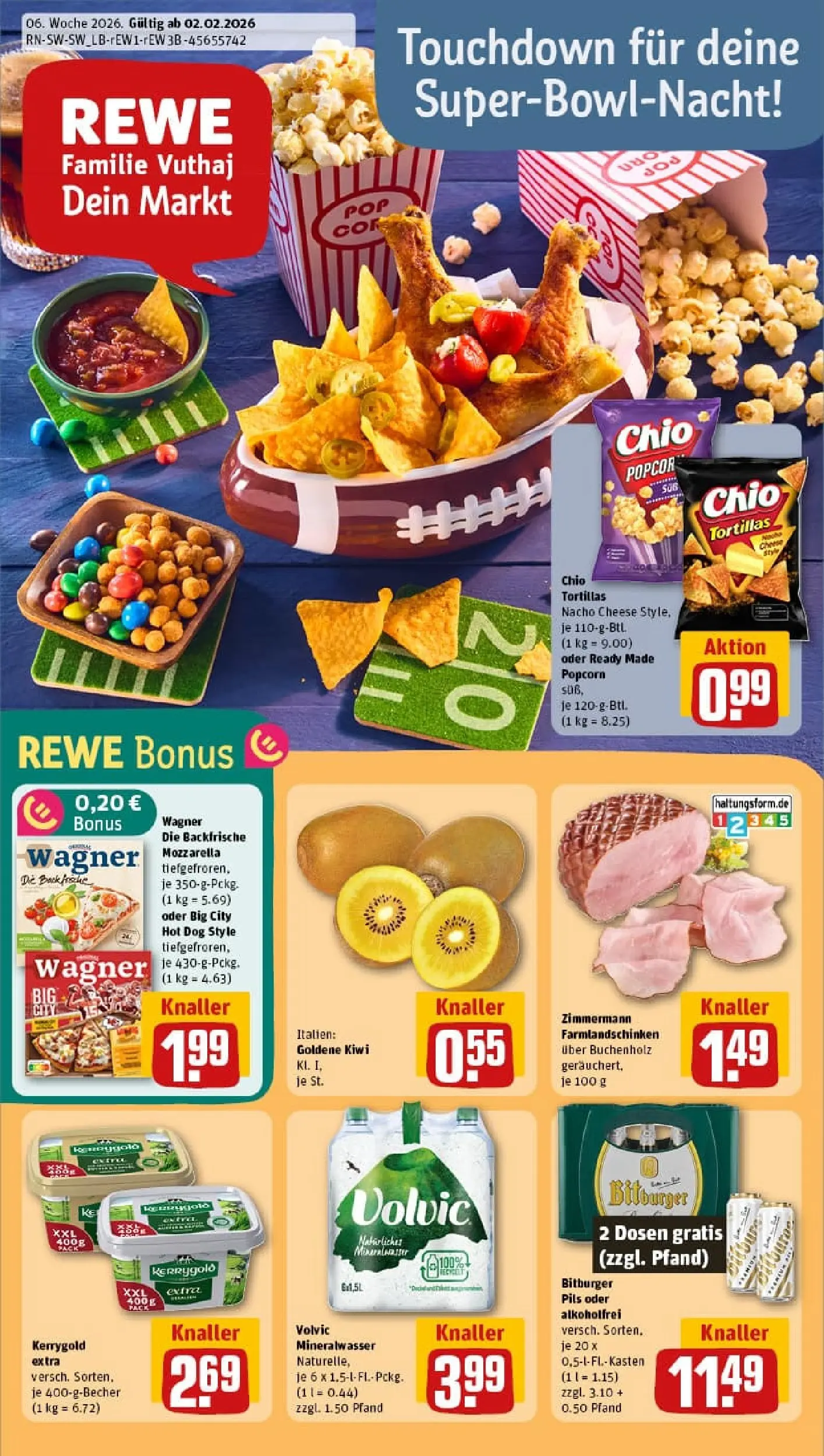 REWE Prospekt ab 02.02.2026 zum Blättern » Angebote | Seite: 1 | Produkte: Mozzarella, Chio tortillas, Pizza, Kiwi