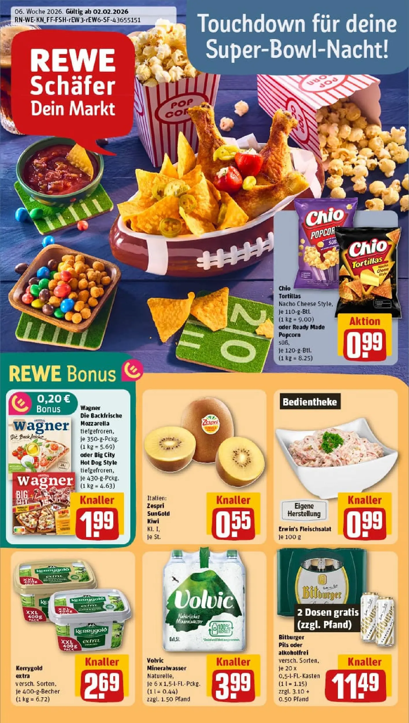 REWE Prospekt ab 02.02.2026 zum Blättern » Angebote | Seite: 1 | Produkte: Bitburger, Butter, Mozzarella, Chio tortillas