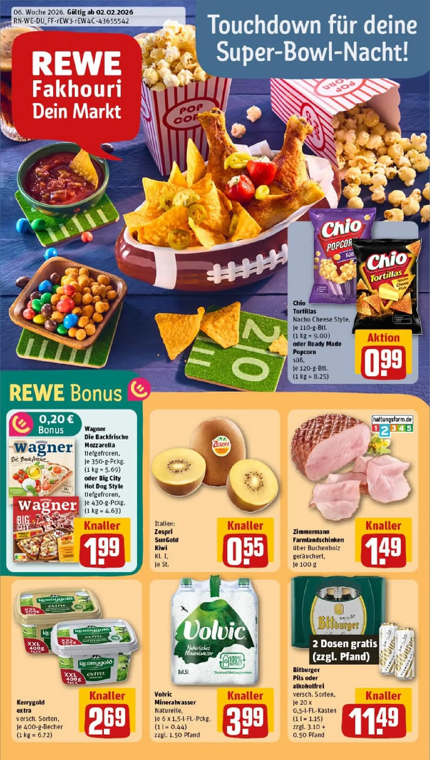 REWE Prospekt ab 02.02.2026 zum Blättern » Angebote | Seite: 1 | Produkte: Mozzarella, Pils, Chio tortillas, Kiwi