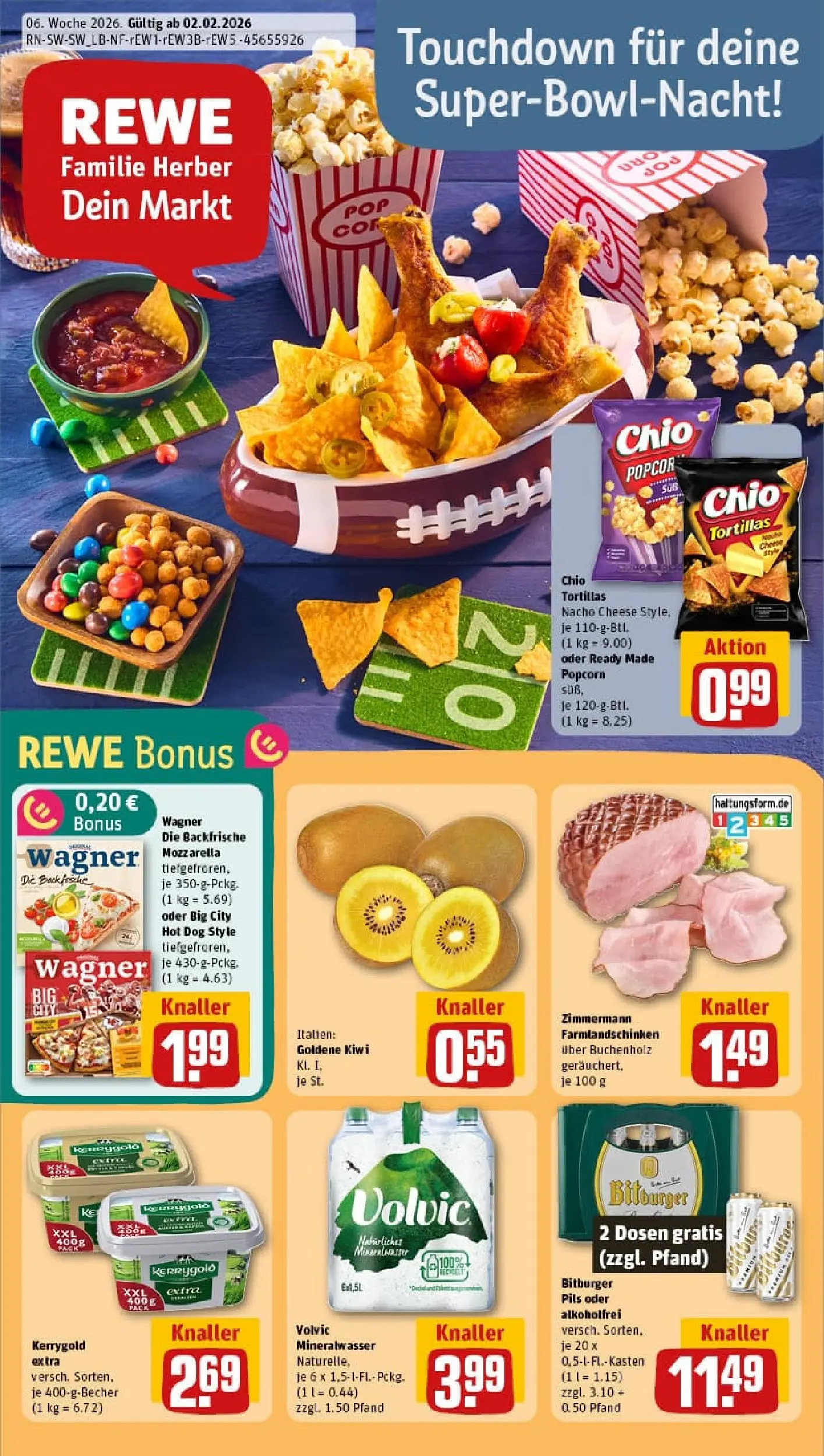 REWE Prospekt ab 02.02.2026 zum Blättern » Angebote | Seite: 1 | Produkte: Butter, Pils, Chio tortillas, Kiwi