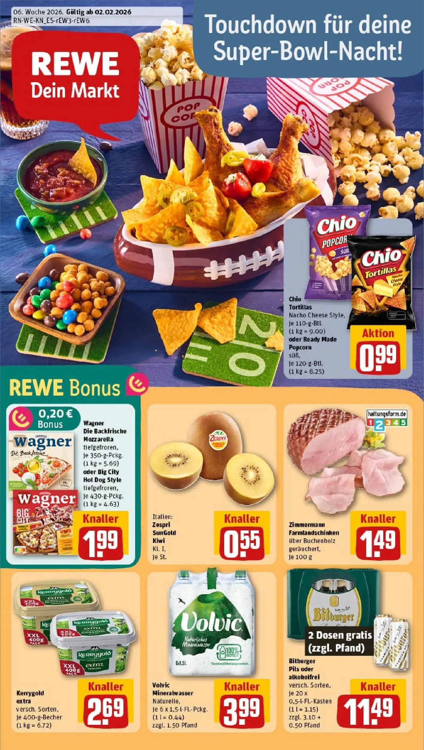 REWE Prospekt ab 02.02.2026 zum Blättern » Angebote | Seite: 1 | Produkte: Bitburger, Pils, Chio tortillas, Pizza