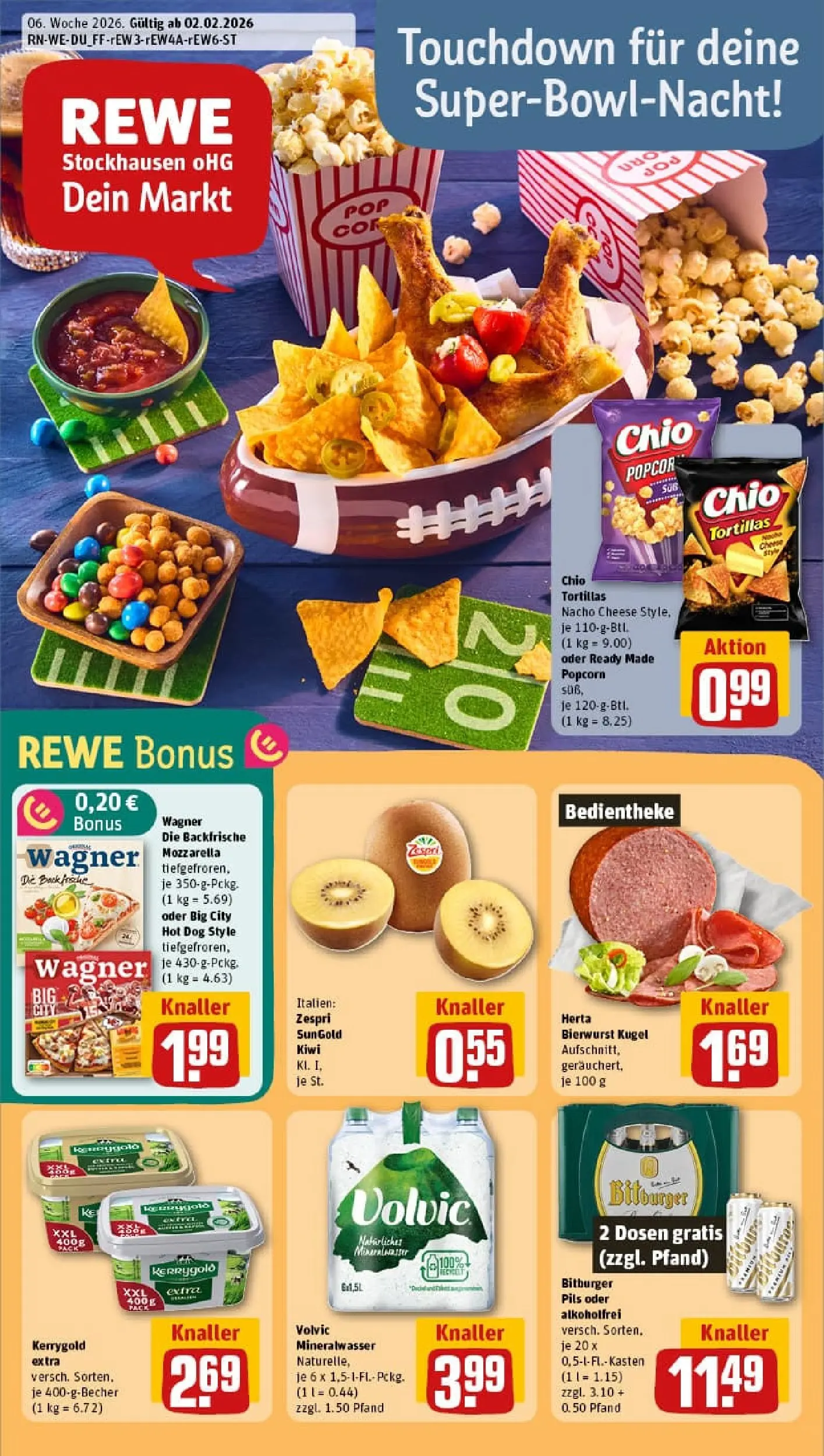 REWE Prospekt ab 02.02.2026 zum Blättern » Angebote | Seite: 1 | Produkte: Bitburger, Butter, Mozzarella, Chio tortillas