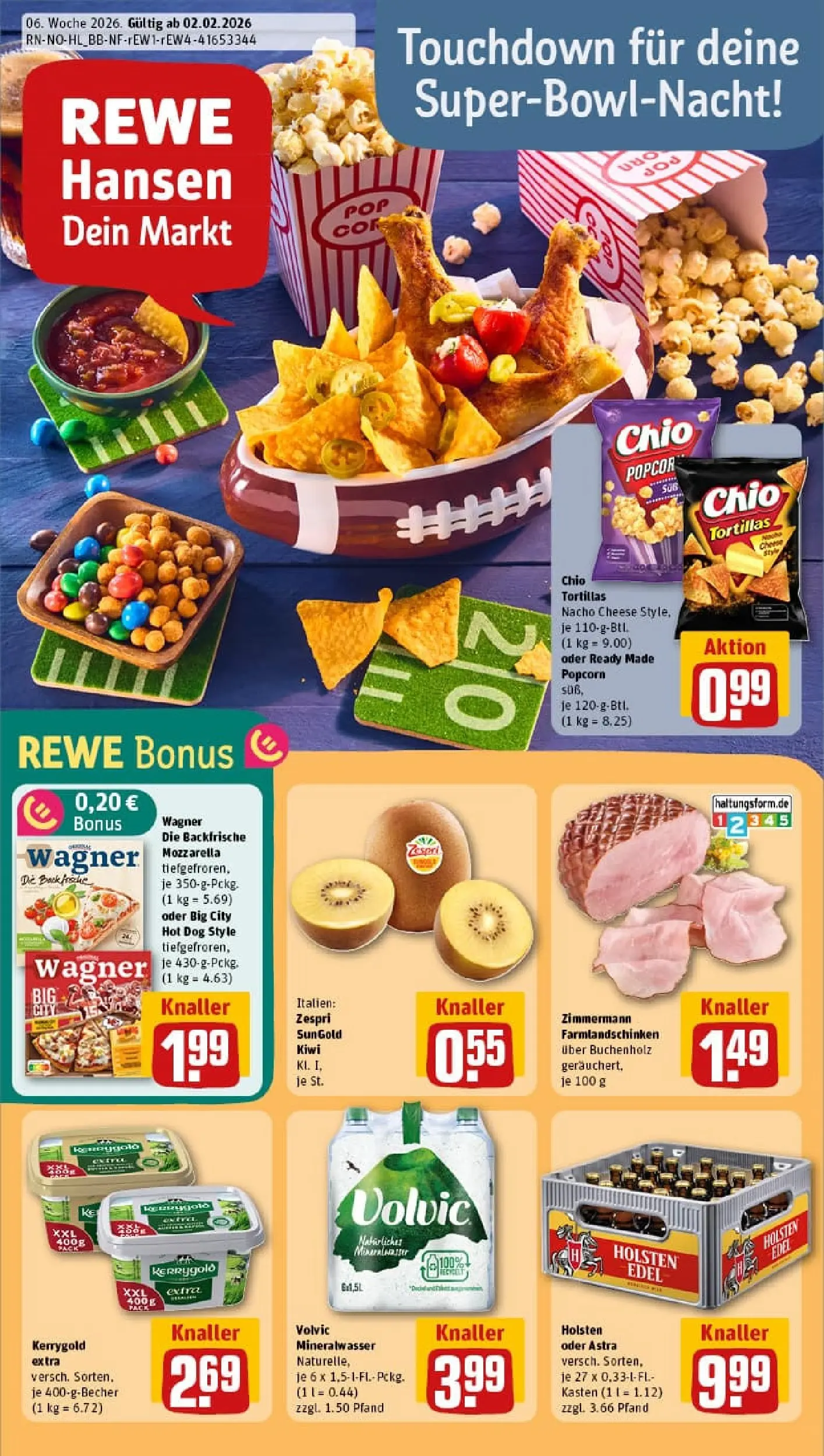REWE Prospekt ab 02.02.2026 zum Blättern » Angebote | Seite: 1 | Produkte: Butter, Mineralwasser, Chips, Volvic