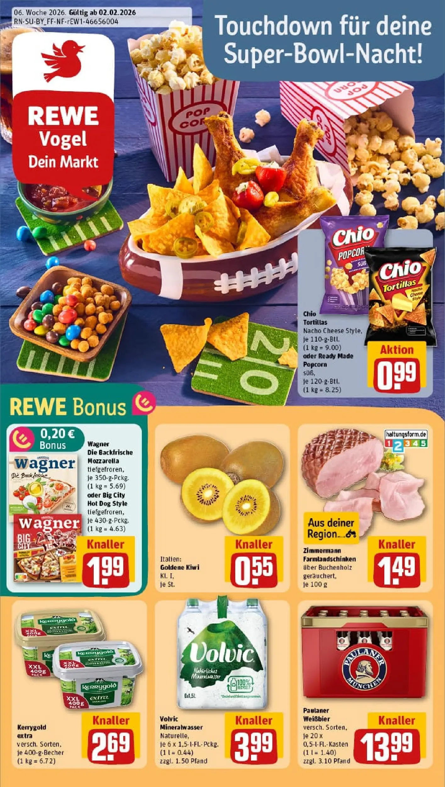 REWE Prospekt ab 02.02.2026 zum Blättern » Angebote | Seite: 1 | Produkte: Butter, Mineralwasser, Kiwi, Paulaner
