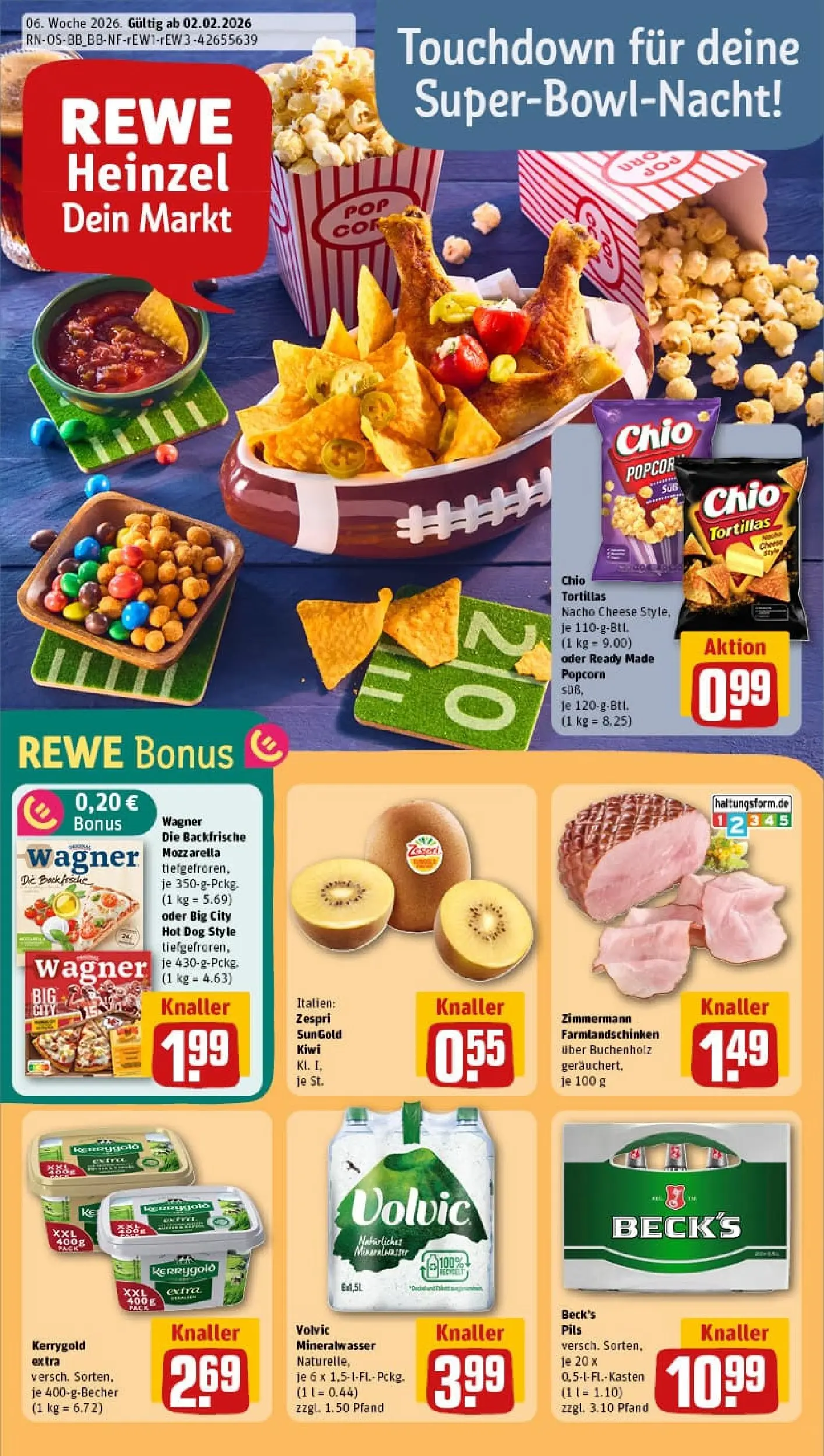 REWE Prospekt ab 02.02.2026 zum Blättern » Angebote | Seite: 1 | Produkte: Mineralwasser, Chio tortillas, Volvic, Kiwi