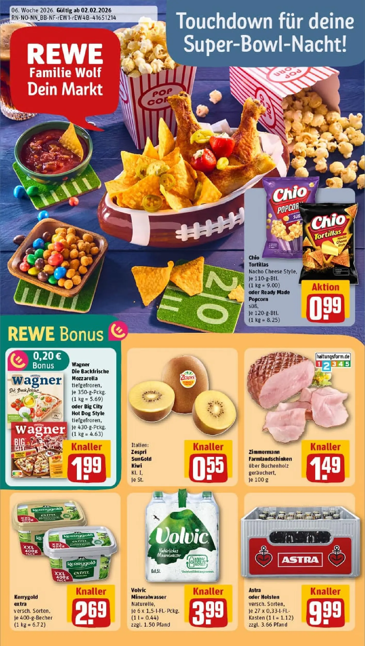 REWE Prospekt ab 02.02.2026 zum Blättern » Angebote | Seite: 1 | Produkte: Chio tortillas, Pizza, Chips, Volvic