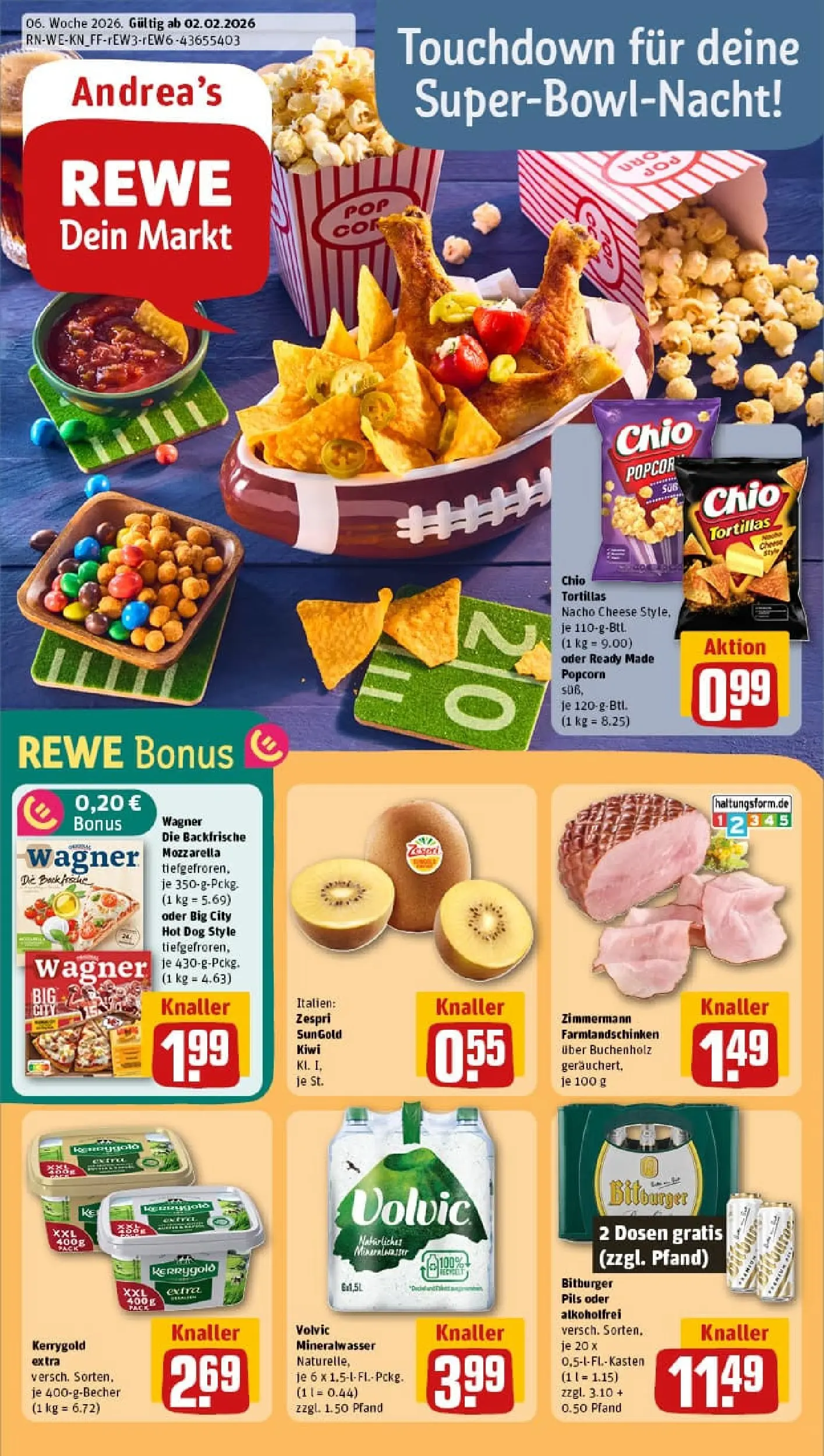 REWE Prospekt ab 02.02.2026 zum Blättern » Angebote | Seite: 1 | Produkte: Mineralwasser, Pizza, Chips, Kiwi