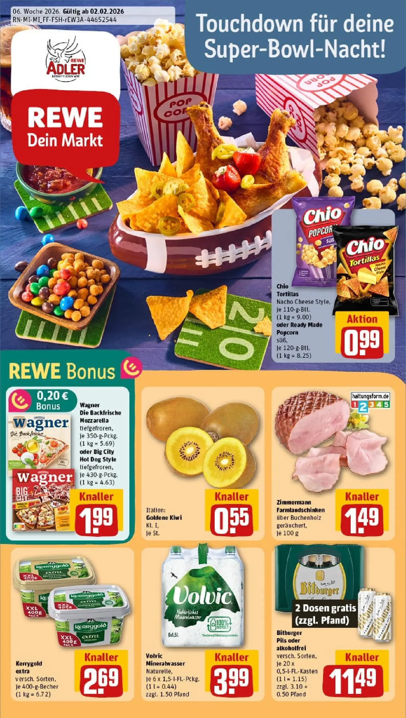 REWE Prospekt ab 02.02.2026 zum Blättern » Angebote | Seite: 1 | Produkte: Bitburger, Mozzarella, Mineralwasser, Volvic