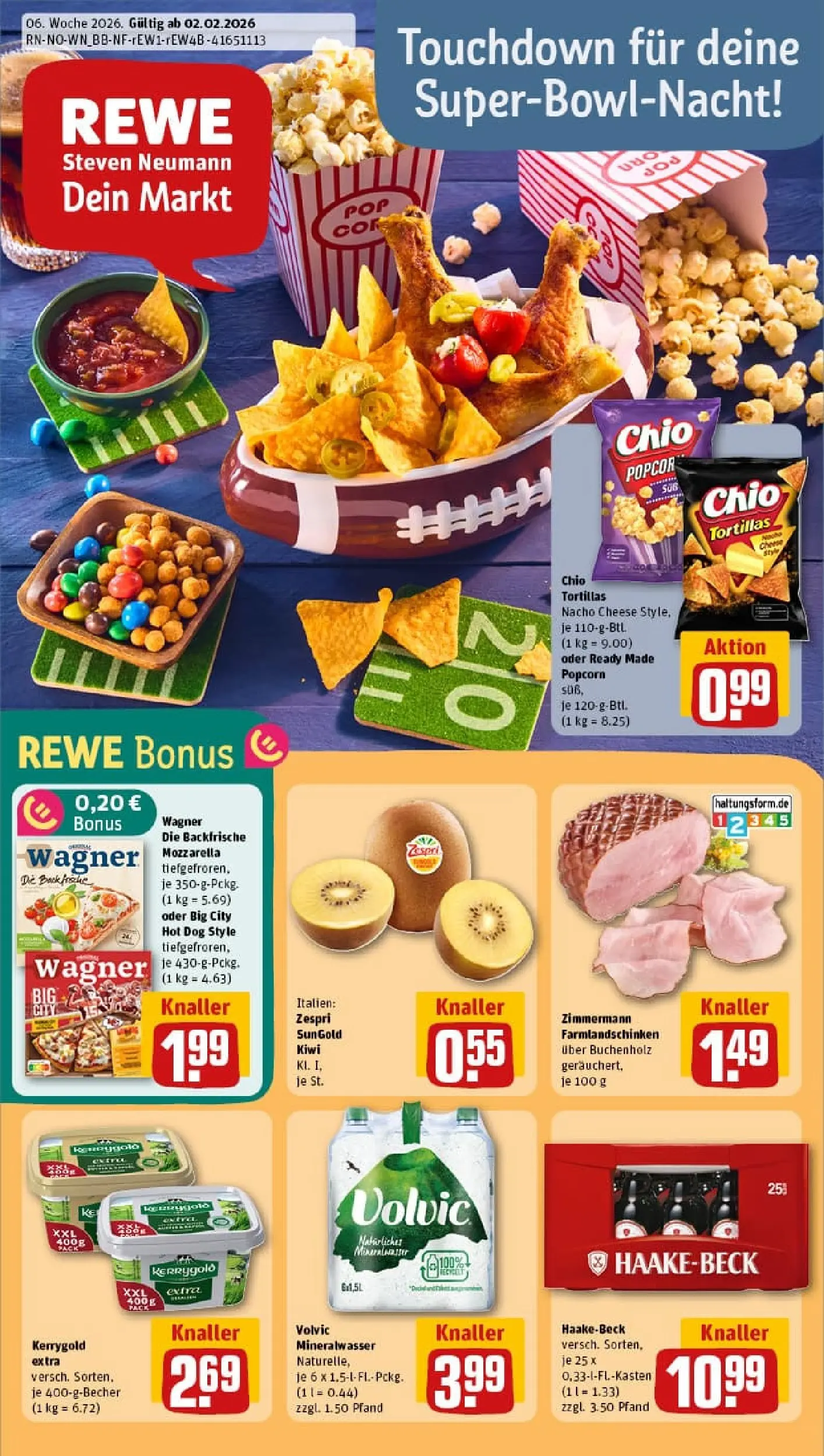 REWE Prospekt ab 02.02.2026 zum Blättern » Angebote | Seite: 1 | Produkte: Butter, Mineralwasser, Chips, Kiwi